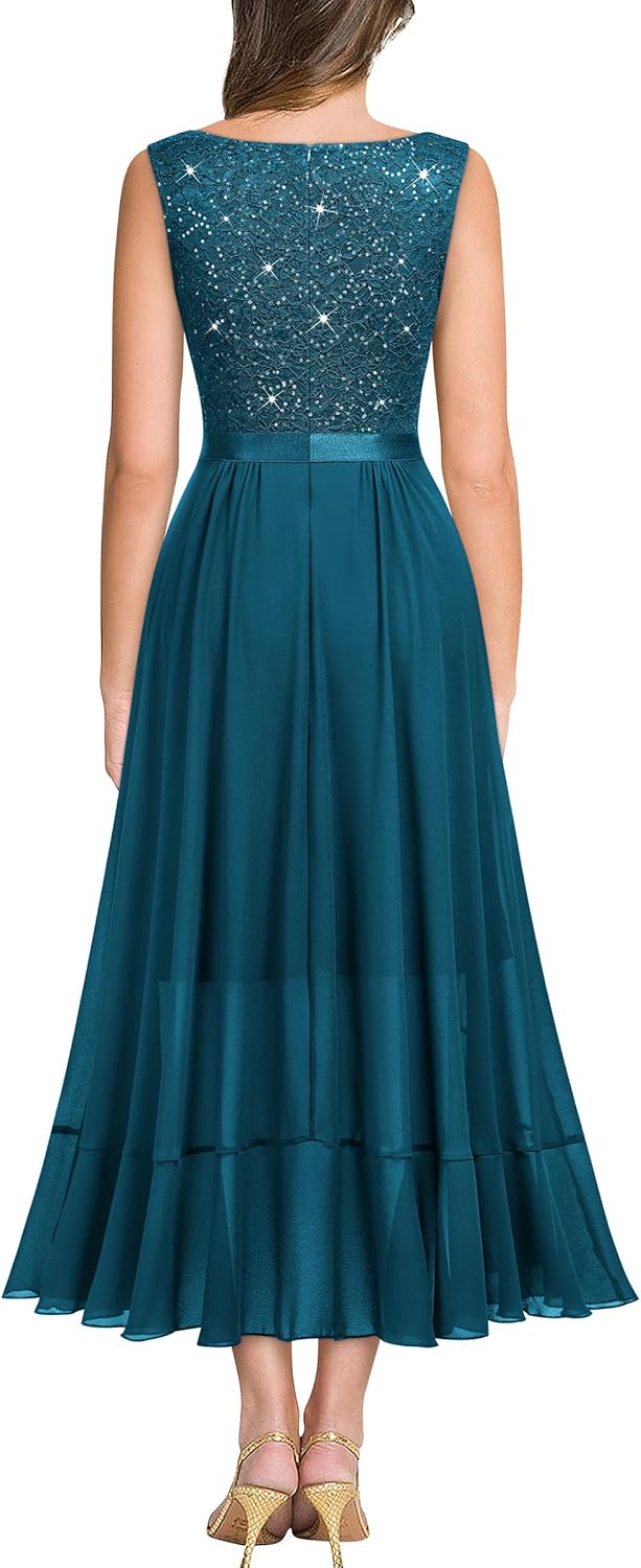 Miusol Women's Vintage V-Neck Sleeveless Sequined Floral Lace Ruffle Split Evening Party Dress - Image 2