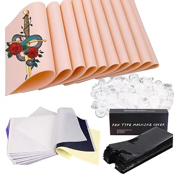 330Pcs Fake Skin Tattoo Kit Includes 10Pcs Tattoo Skin Practice 10Pcs Transfer Paper 100Pcs Tattoo Ink Caps Medium 200Pcs Large Machine Covers and Black Gloves 5 pairs