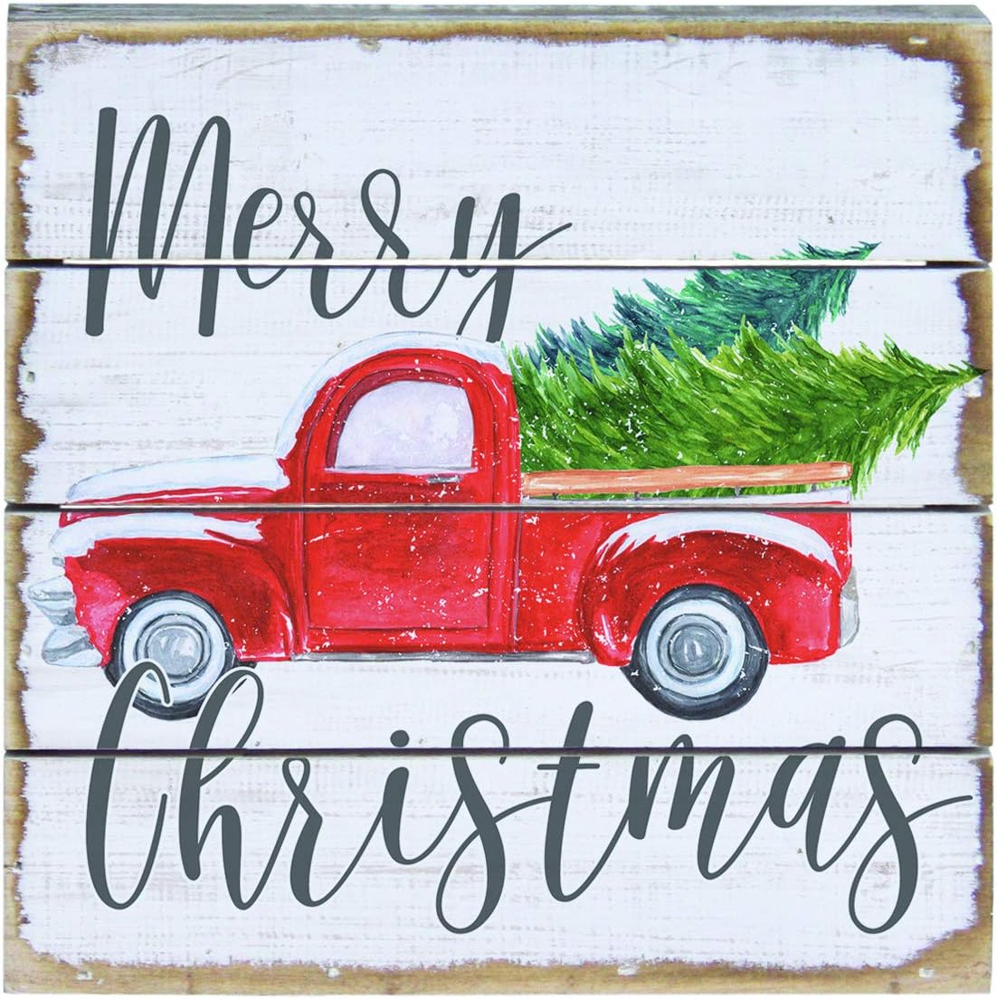 Merry Christmas Vintage Red Farm Pickup Truck Wood Pallet Sign 6 Inch Square Stand or Hang