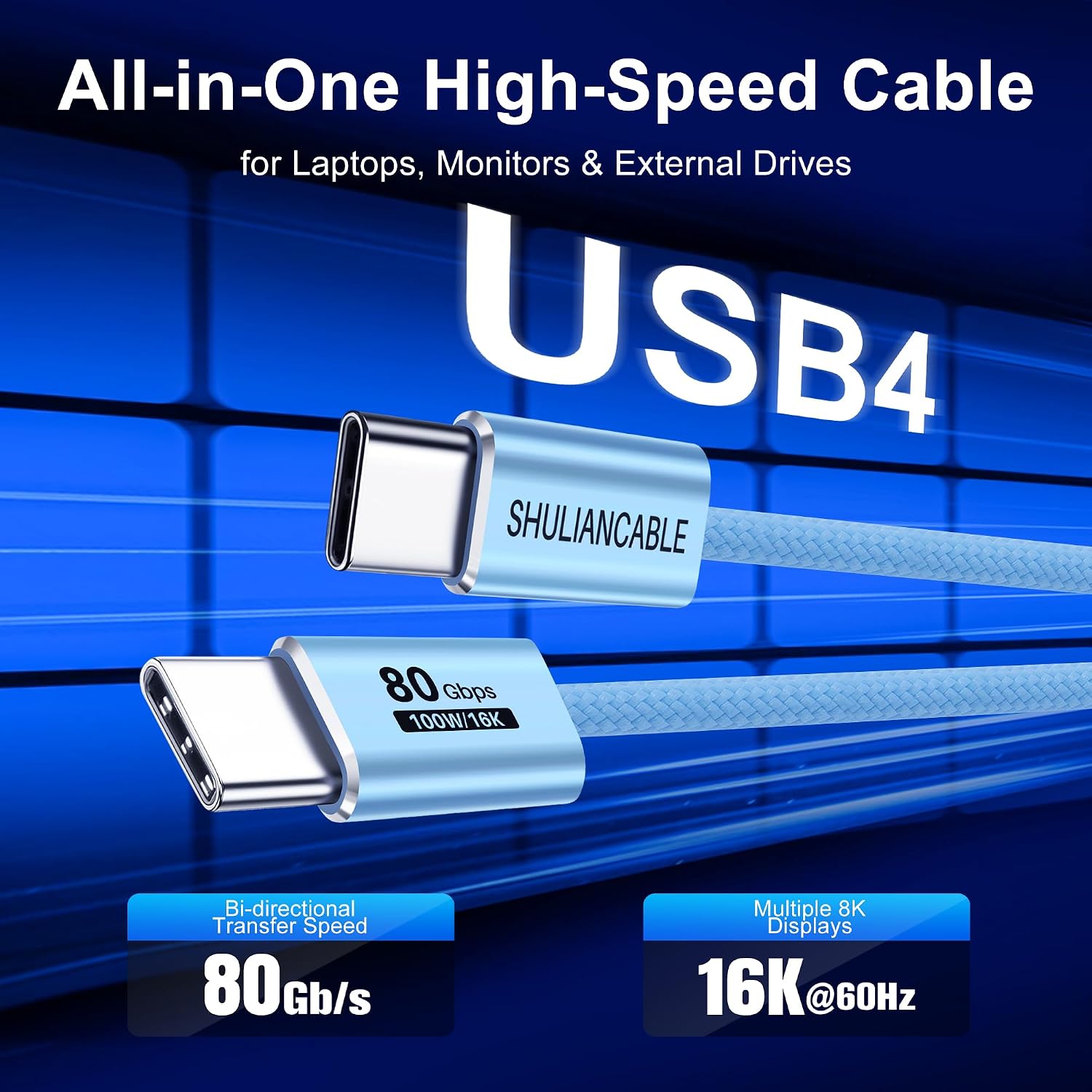 SHULIANCABLE USB C Cable, USB 4 Data Cable,80Gbps Data Sync, Supports 16K/8K Displays,Compatible with Thunderbolt 4/3, USB C Monitors, MacBook,Hub, Docking (Blue, 3.3FT/1M)