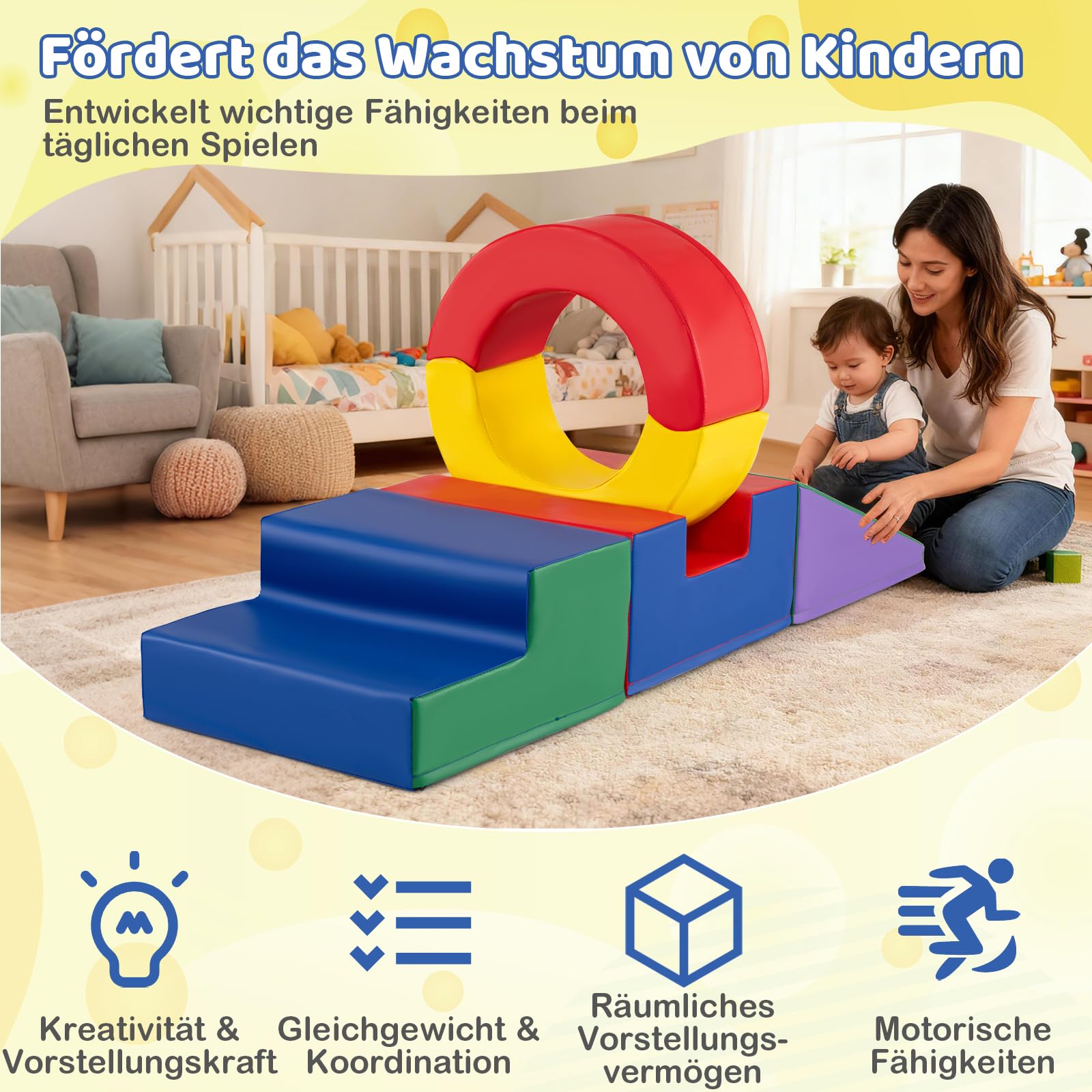 COSTWAY 5 teilige Schaumstoffbausteine Kinder, Softbausteine XXL mit Tunnel, Treppe & Rutsche, Riesenbausteine aus Schaumstoff zum Klettern & Krabbeln, Großbausteine für Kinderzimmer, Spielzimmer