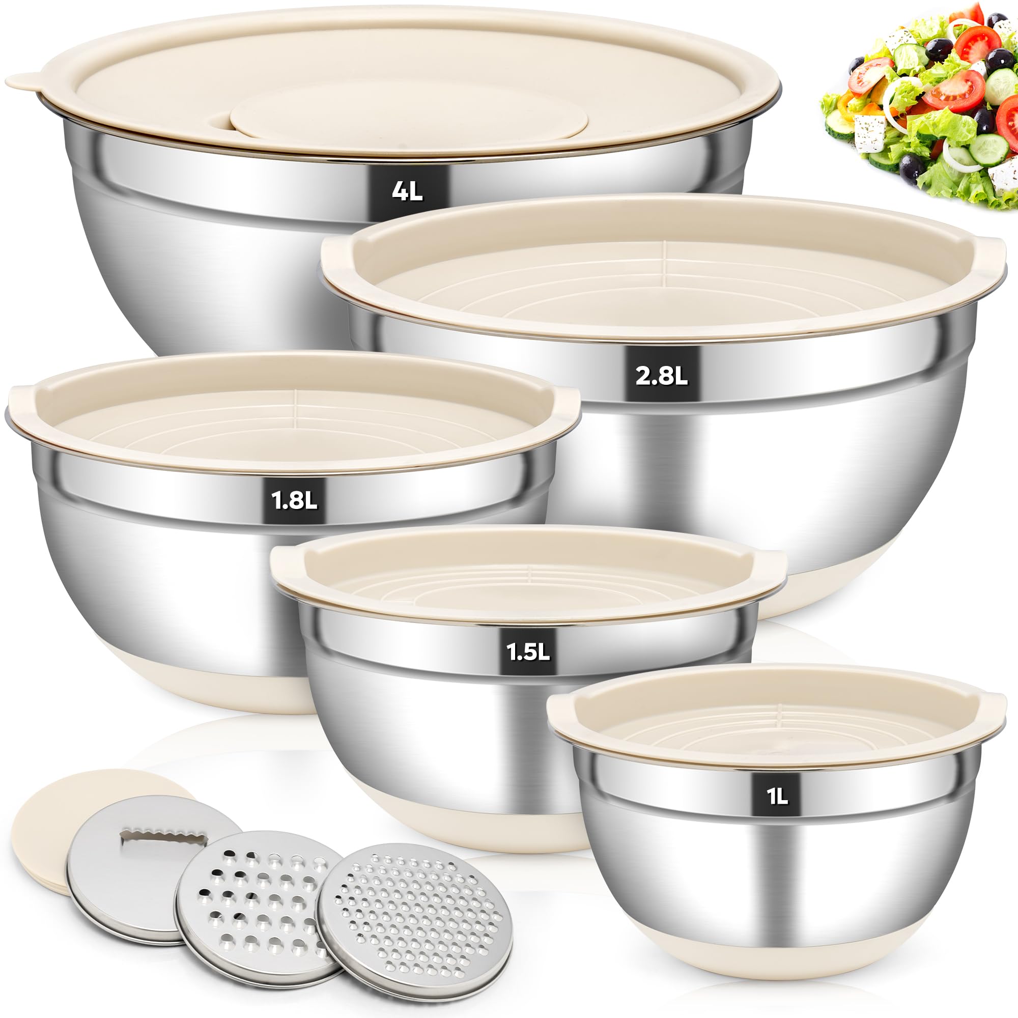 Fire More Set 5 Ciotole Acciaio inox Cucina 4L/2,8L/1,8L/1,5L/1L | Insalatiera con Coperchio e 3 Grattugie, Antiscivolo Ciotole Cucina per Insalata Impilabili, Preparare e Conservare