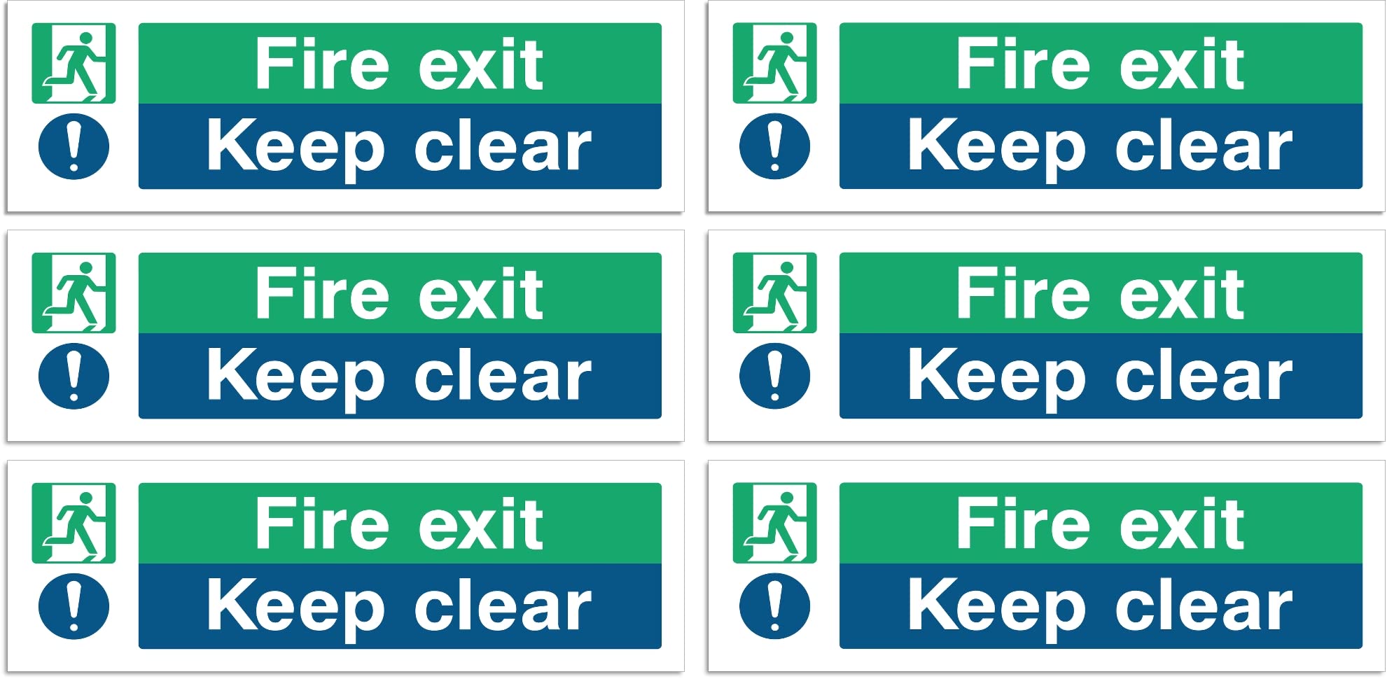 Fire Exit Keep Clear Sign - Multipack 1/2/3/6/12 - Safety Signs - 30x10cm Self Adhesive Vinyl Sticker, Easy Application Fire Door Emergency Exit Signage (6)