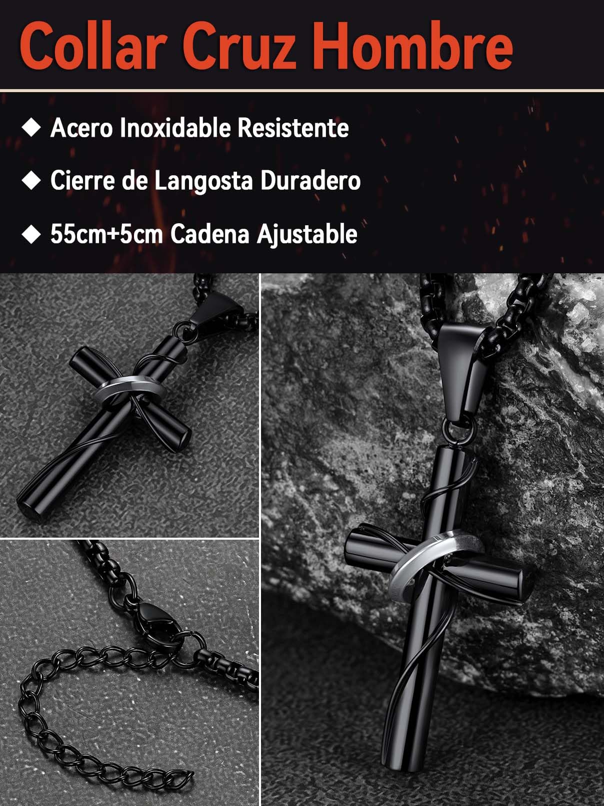 FaithHeart Colgante Cruz Hombre Collar Acero Inoxidable 316L Colgantes Cruces Impermeable Plateado/Dorado/Negro Cadena Eslabones 55cm+5cm Joyas Hombres con Caja de Regalo