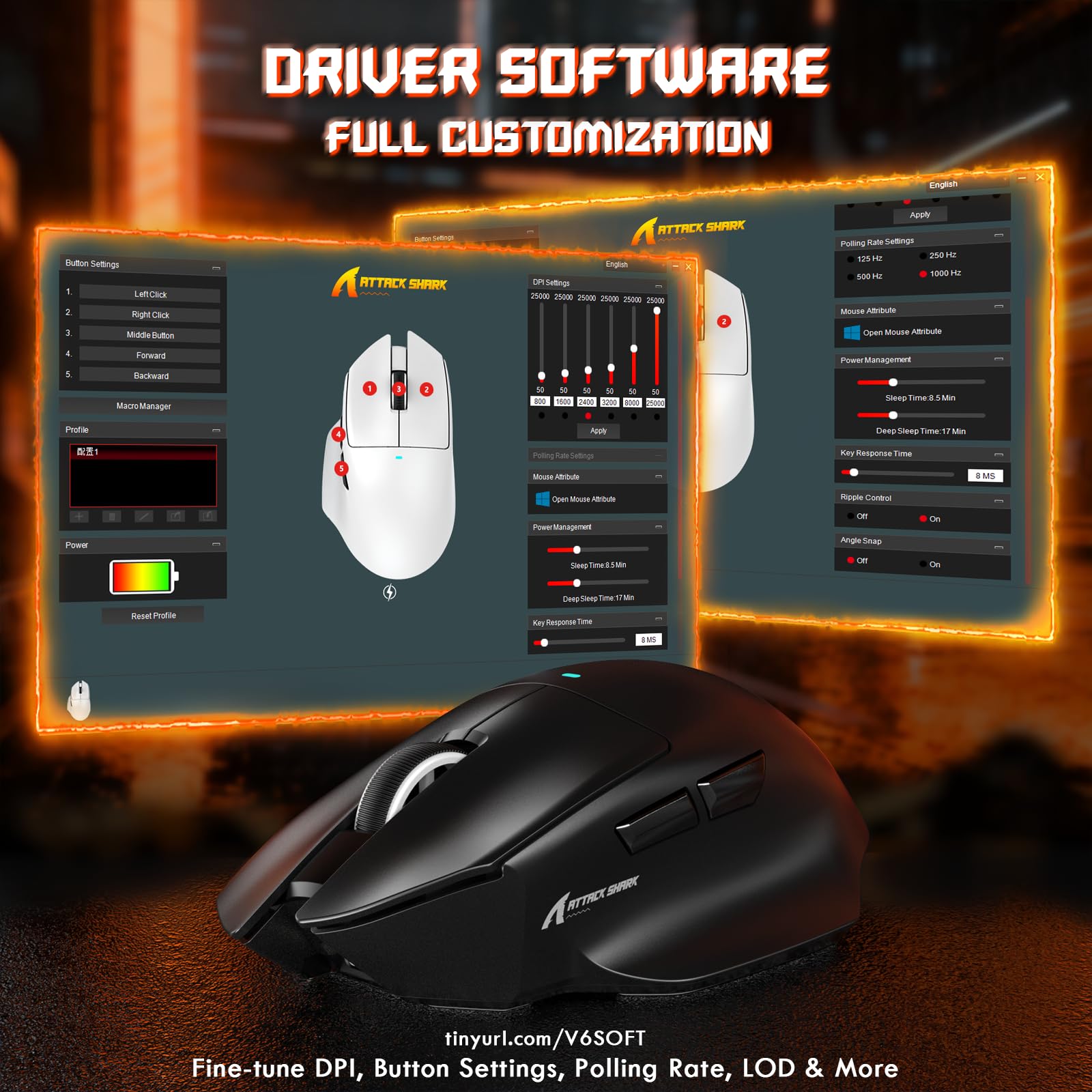 MAMBASNAKE x ATTACK SHARK V6 Mouse Gaming Wireless con Base di Ricarica Magnetica, Peso 65 g, Sensore PAW3311, 25000 DPI, BT/2.4G/USB-C,100M Click, 500mAh per Destrimani–Nero