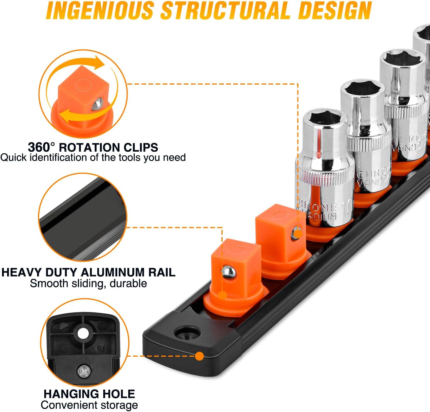 GOOACC Magnetic Socket Organizer 1/4" 3/8" 1/2" Socket Holder Set Heavy Duty Aluminum Socket Rail Organizers for Tool Box Drawer, 6 Pieces Magnetic Socket Rails Holds 80 Swivel Clips Orange Red Yellow