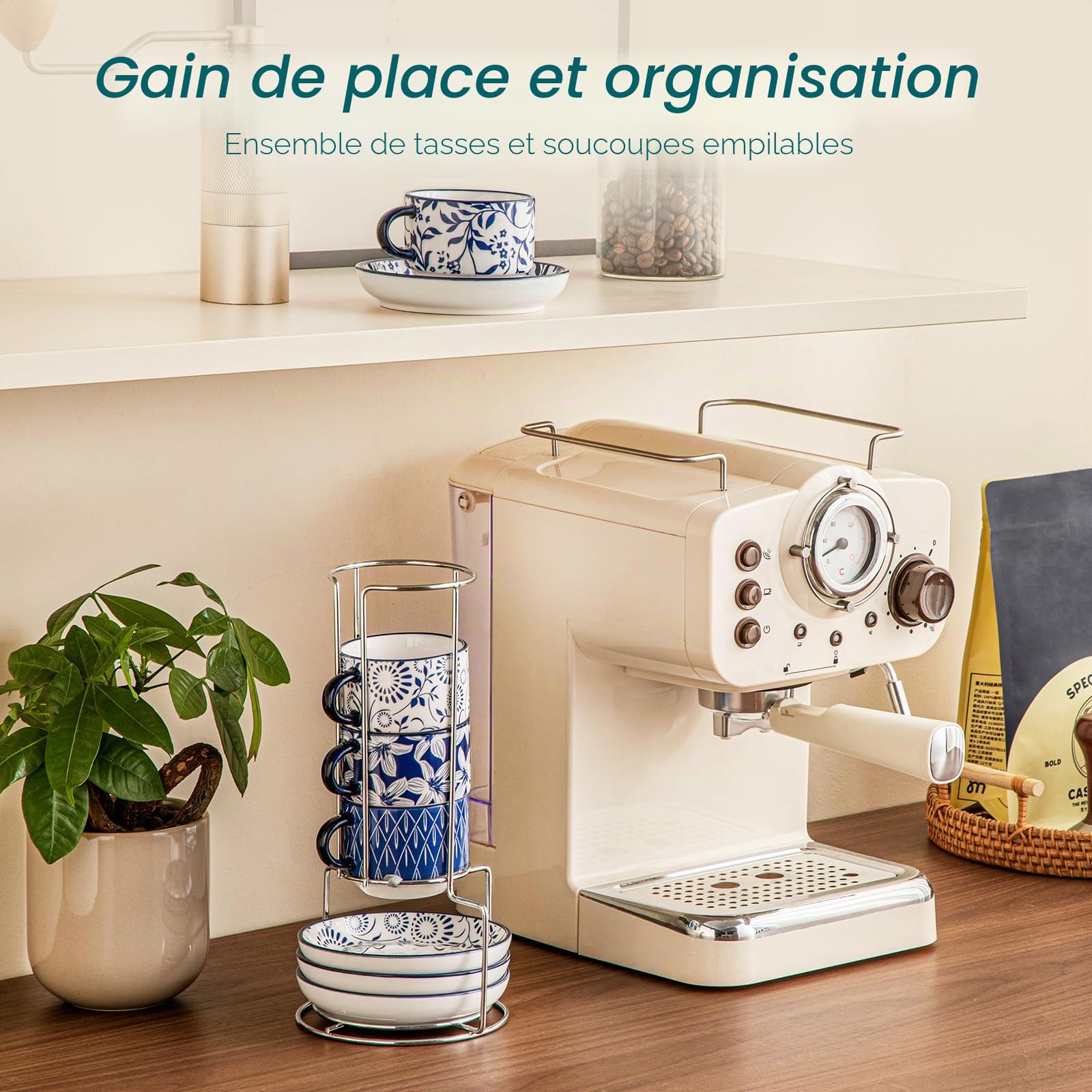 vancasso SELENE Tasses à Café Espresso avec Soucoupe - 4 x 150 ml - Mug en Porcelaine et Support pour Thé, Café, Cappuccino - Résistants au Lave-vaisselle et au Micro-ondes - Bleu et Blanc Vintage