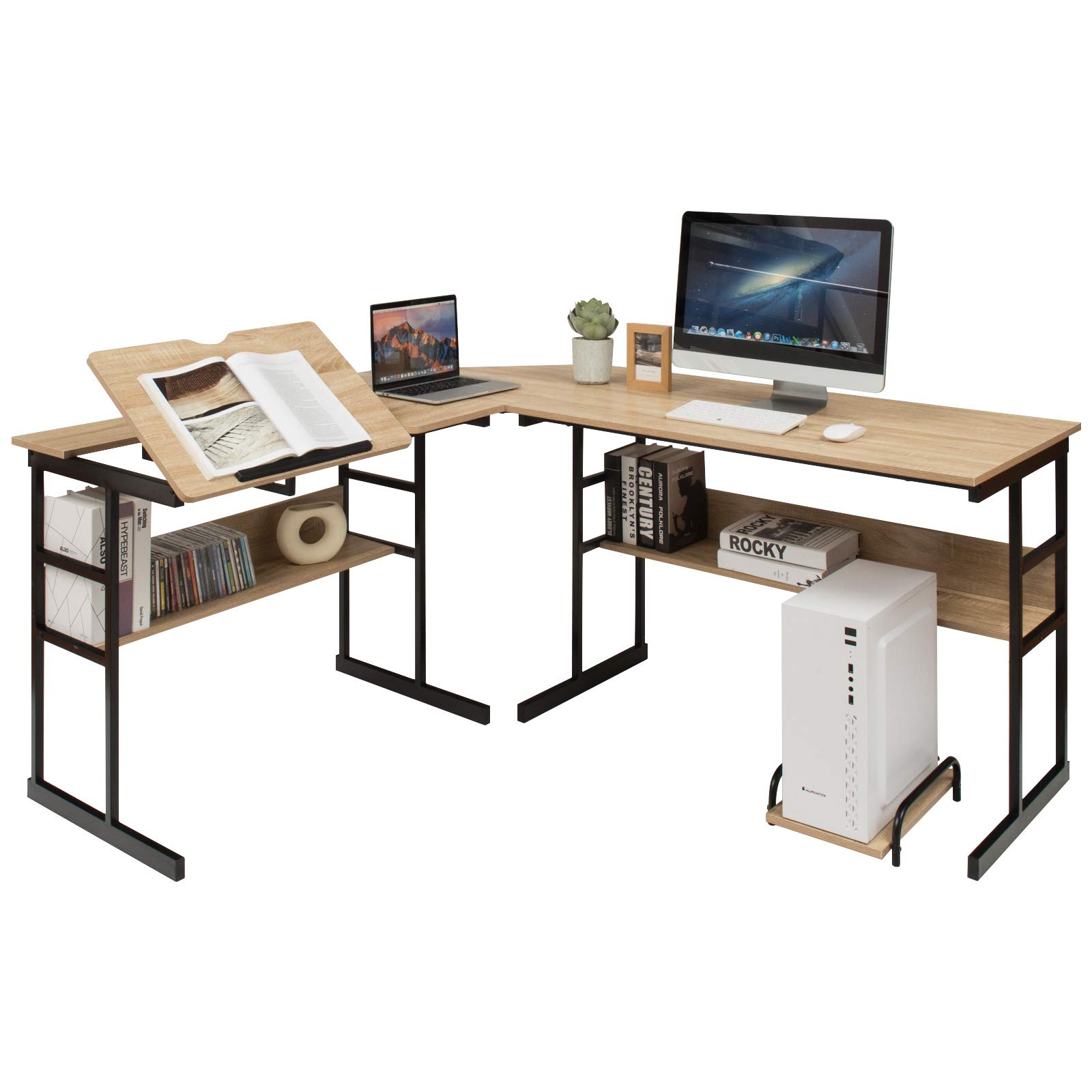 GIANTEX Eckschreibtisch in L-Form 170cm Computertisch mit 2 Ablagen, neigbare Klinge, Zentraleinheit, Computertisch, platzsparend, Industriestil (Natur)
