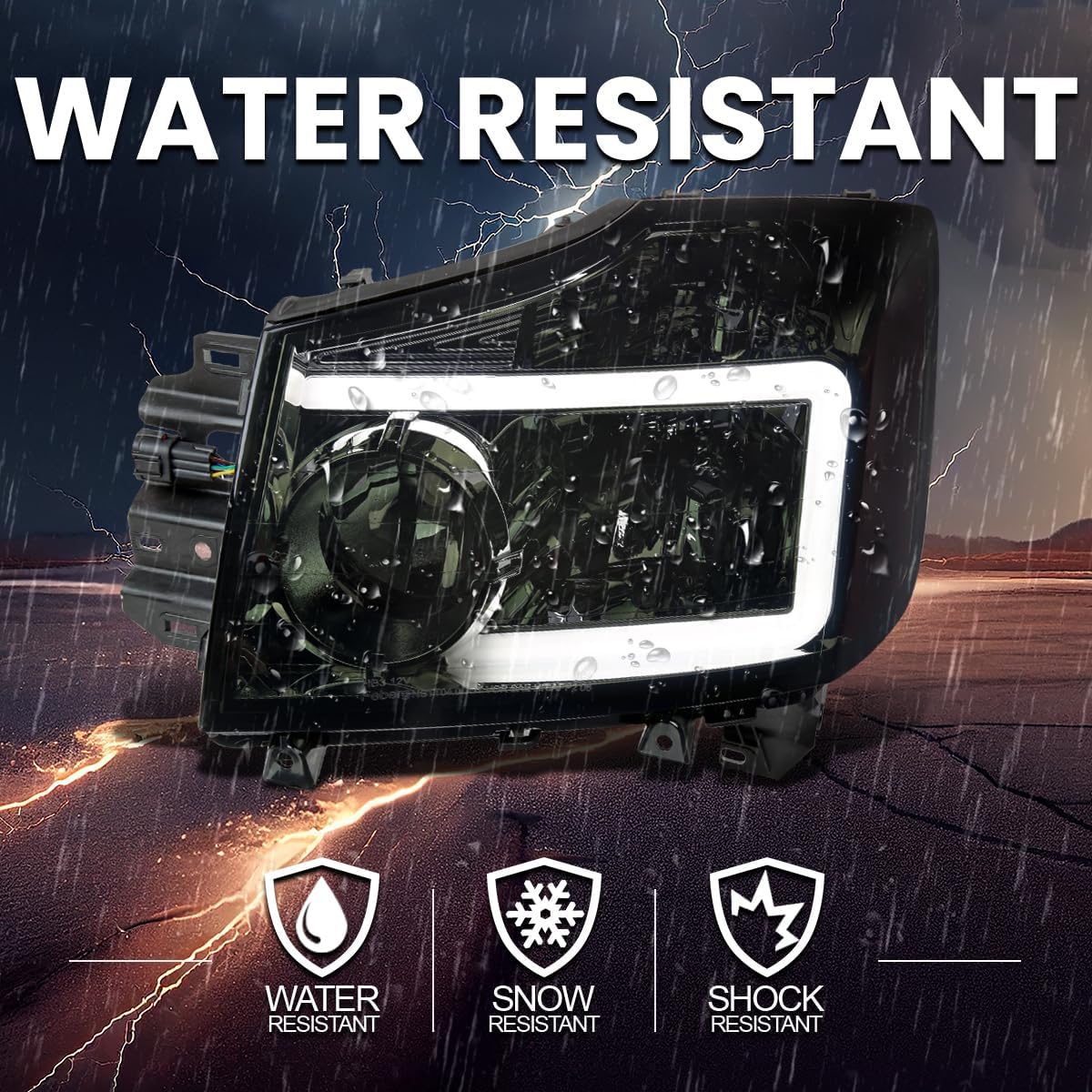 SPEC-D TUNING Smoke Headlights w/LED Light Bar Compatible with 2004-2015 Nissan Titan, 2004-2007 Armada, Left + Right Pair Headlamp Assembly