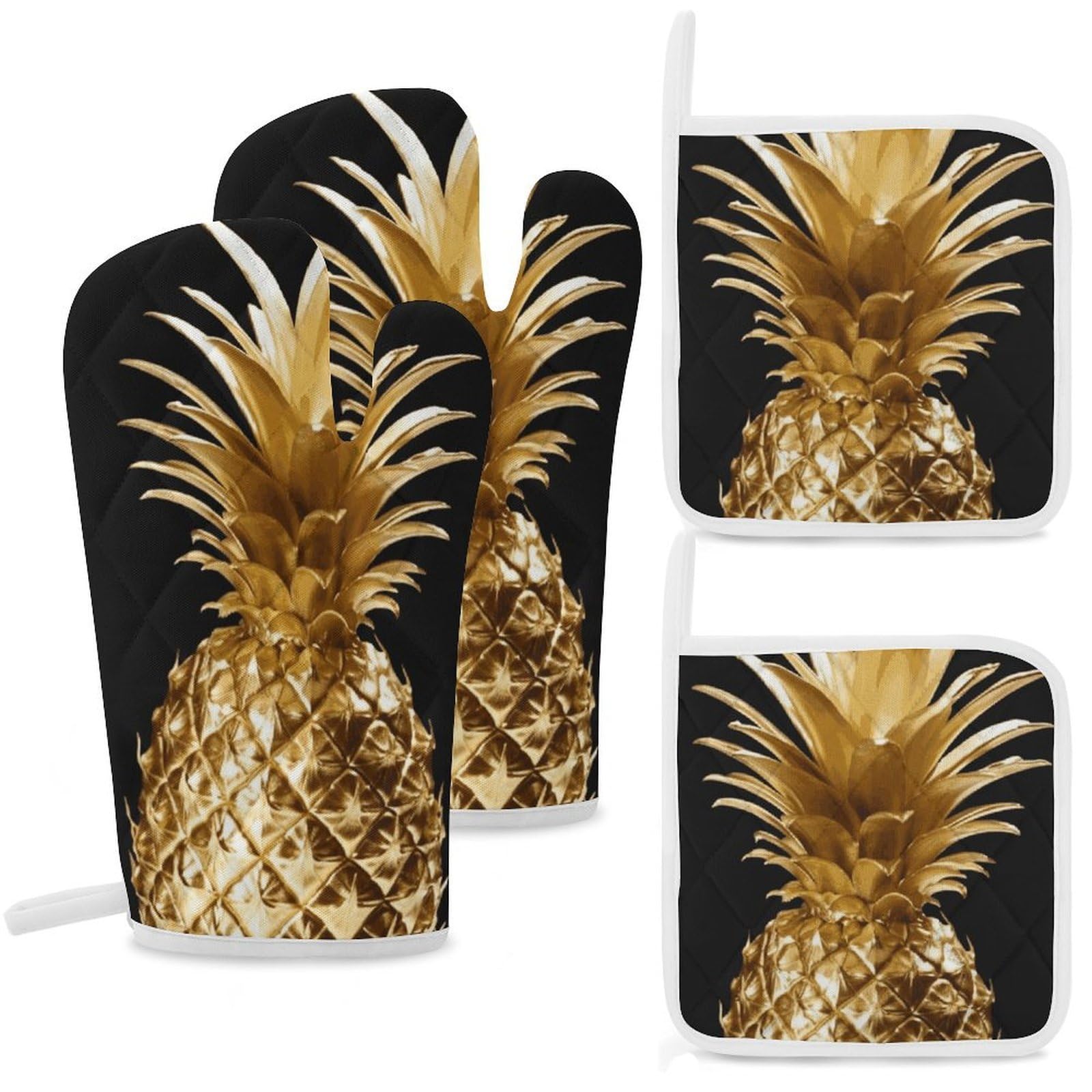 Gold Pineapple Oven Mitts and Pot Holders Sets Heat Resistant Oven Glove with Hanging Loop for Baking Cooking BBQ Thicken Potholders for Kitchen