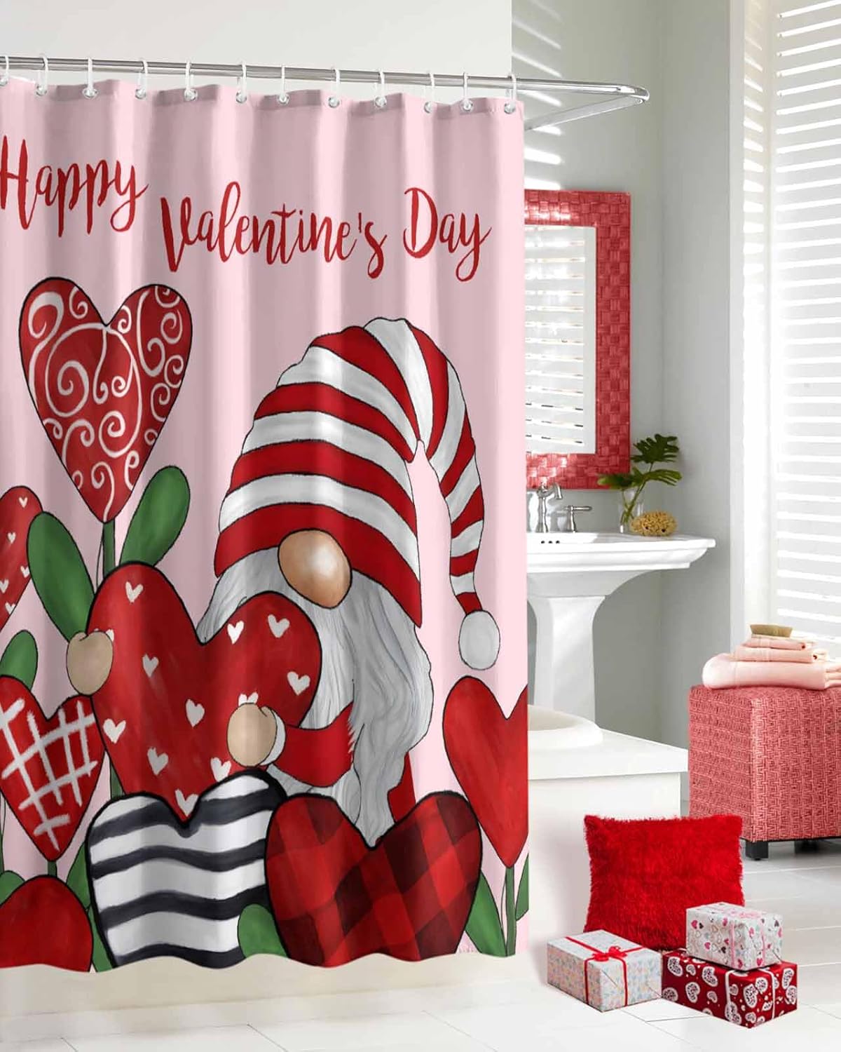 Happy Valentines Day Shower Curtains for Bathroom Gnomes Fabric Shower Curtain with Hooks, Hearts Flowers Shower Curtain Set, Romantic Bathroom Curtains Decoration, Waterproof Polyester, 72"x78" Long