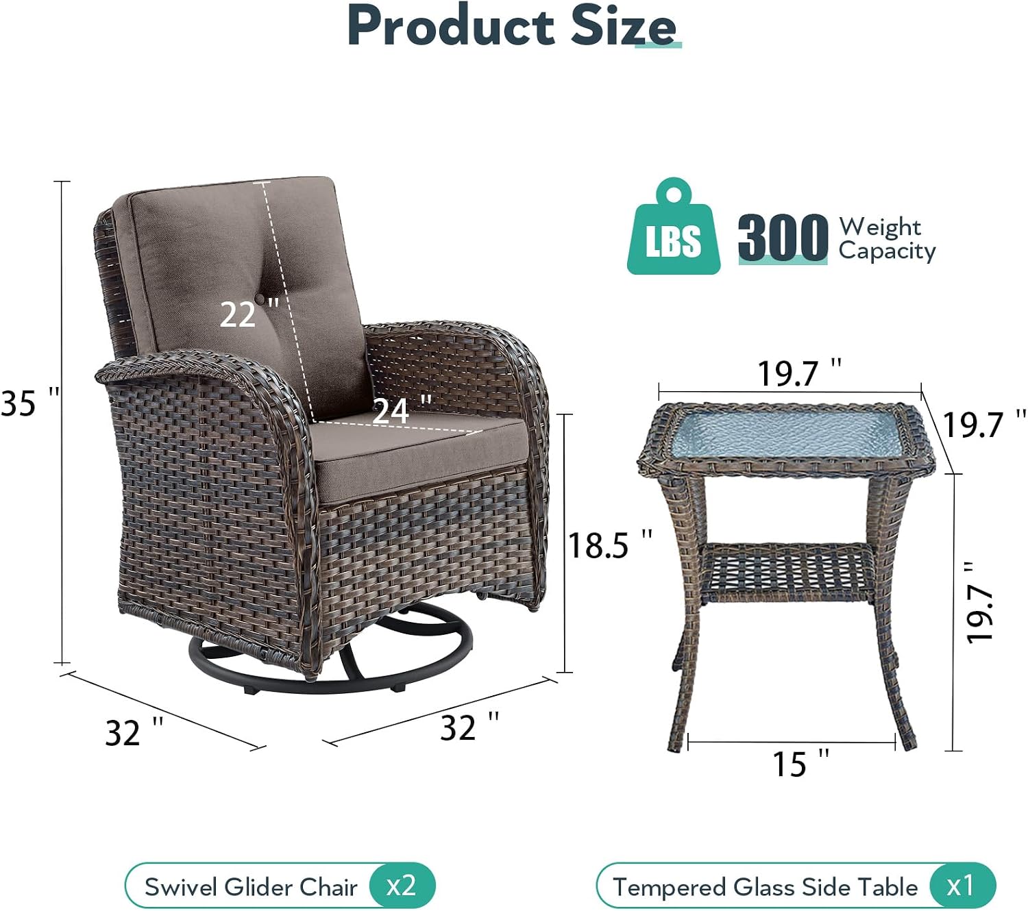 Outdoor Swivel Glider Rocker Chairs - 3 Piece Patio Furniture Set, Patio Bistro Sets with Tempered Glass Side Table, for Balcony, Porch - Brown Wicker, Grey Cushion