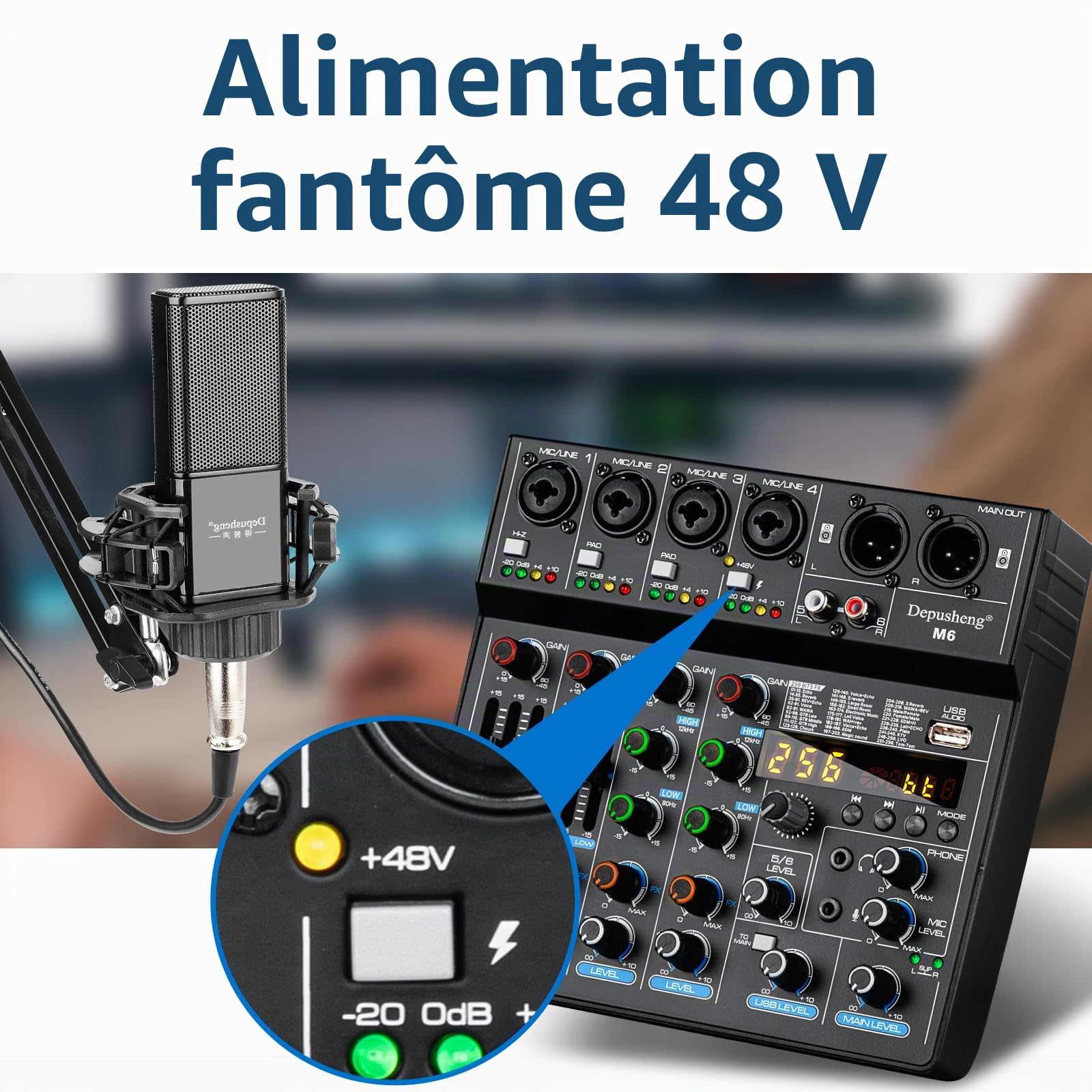 Depusheng M6 DJ Mixer portable MP3 Bluetooth 6 canaux Audio Table de mixage intégrée 256 effets numériques Interface USB pour l'enregistrement informatique en direct Streaming Podcasting Karaoké
