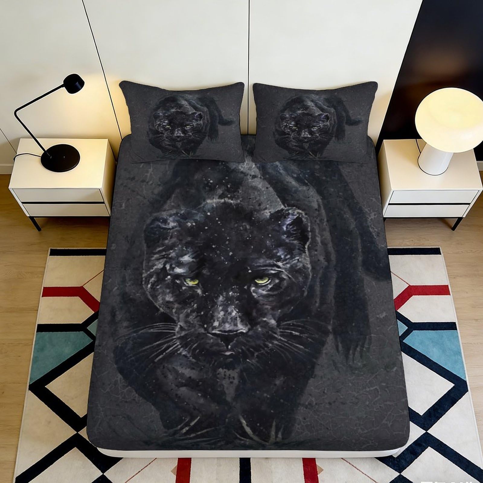3D Printed Black Panther Fitted Sheet Microfiber Soft Breathable Wild Cat Bed Cover for Bedroom Dorm Mattress Protection Decor 90x200x25cm
