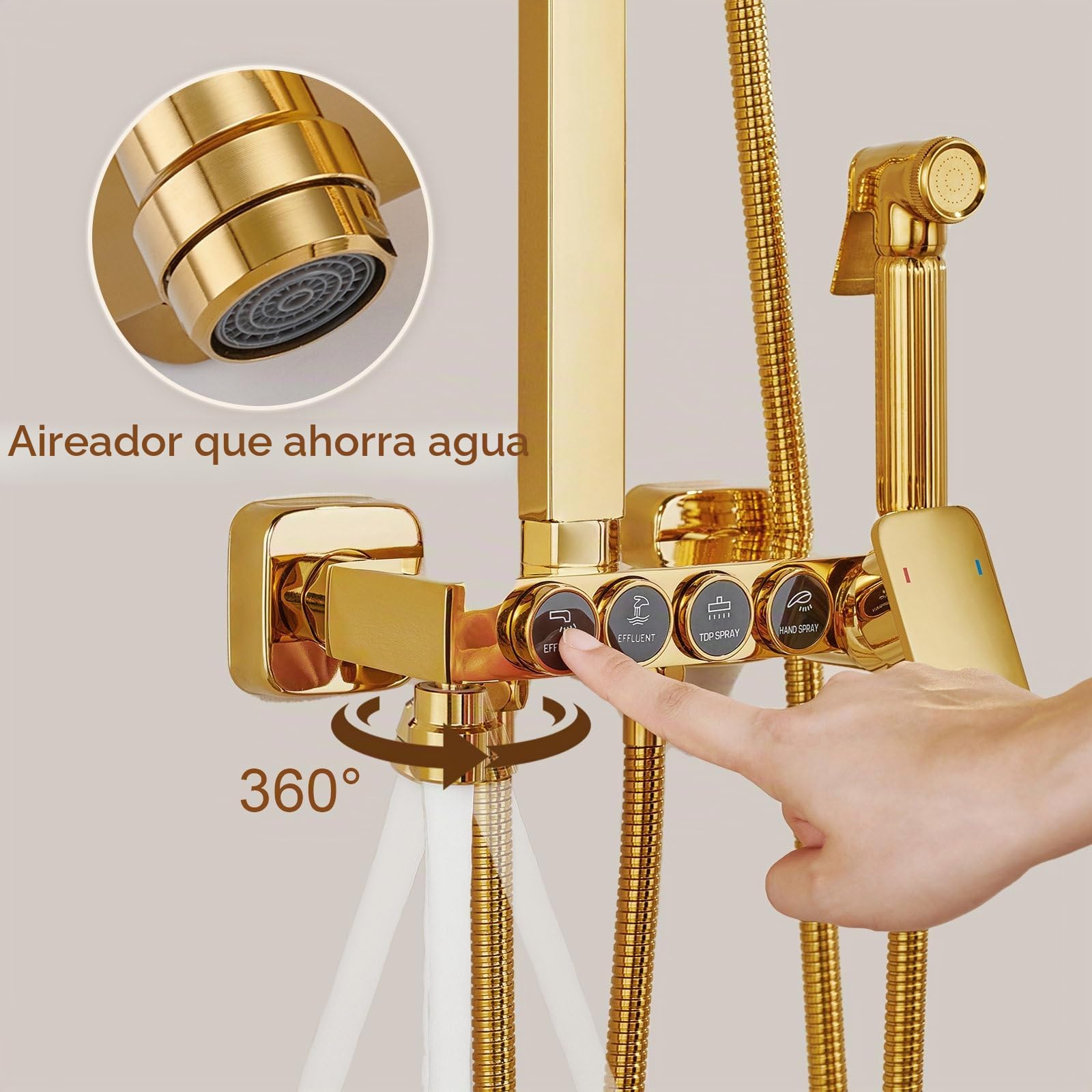 Columna Ducha, Columna de Ducha Oro Cepillado 4 in 1,Sistema de Ducha Latón | Conjunto de Ducha con Ducha de Techo de 225mm, Ducha de Mano, Grifo de Bañera y Ducha Higienica, Altura y Ángulo Ajustables