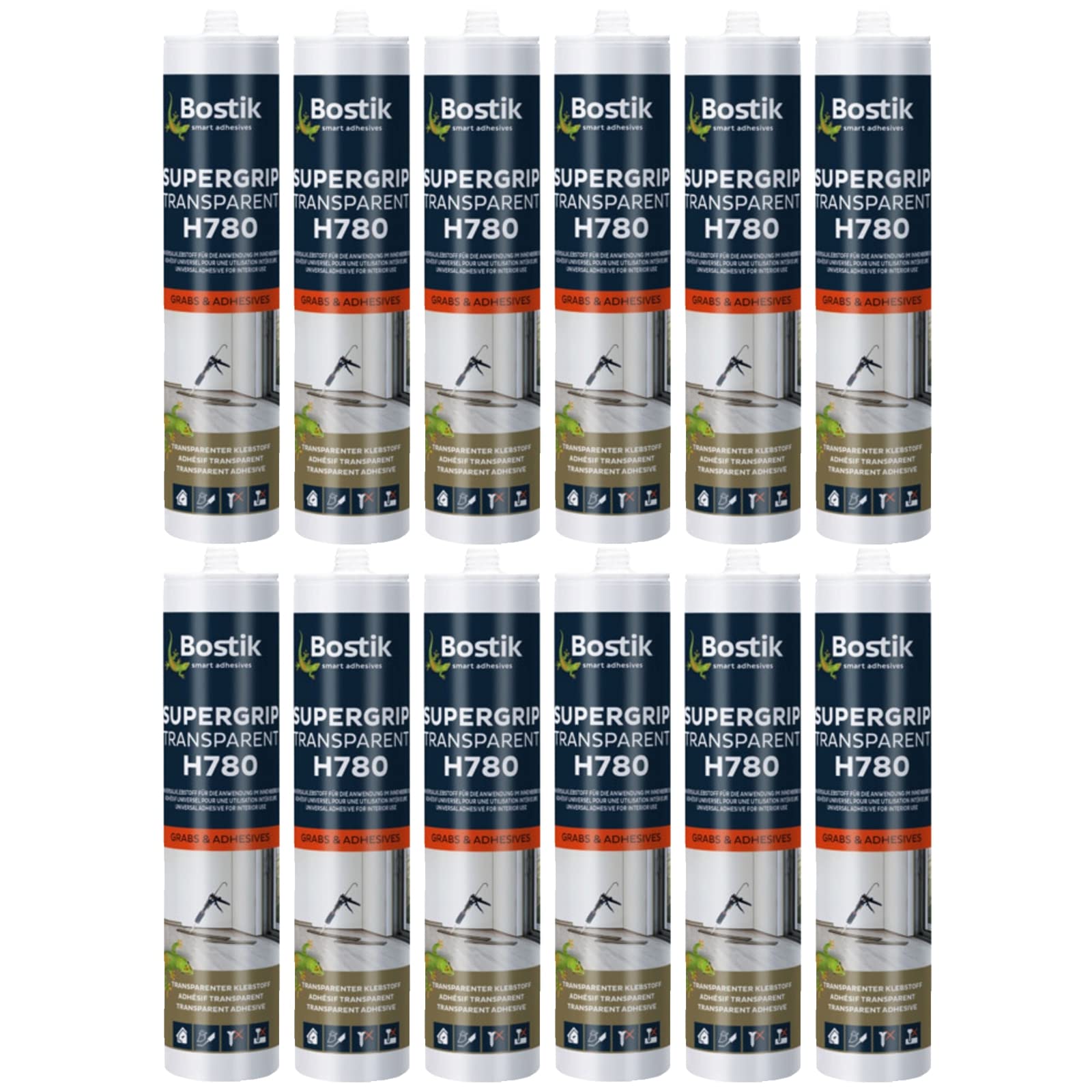 12x Bostik H780 Hybrid Supergrip Kleb und Dichtstoff für Holz Stein Beton Metall Kunststoff 310g Transparent