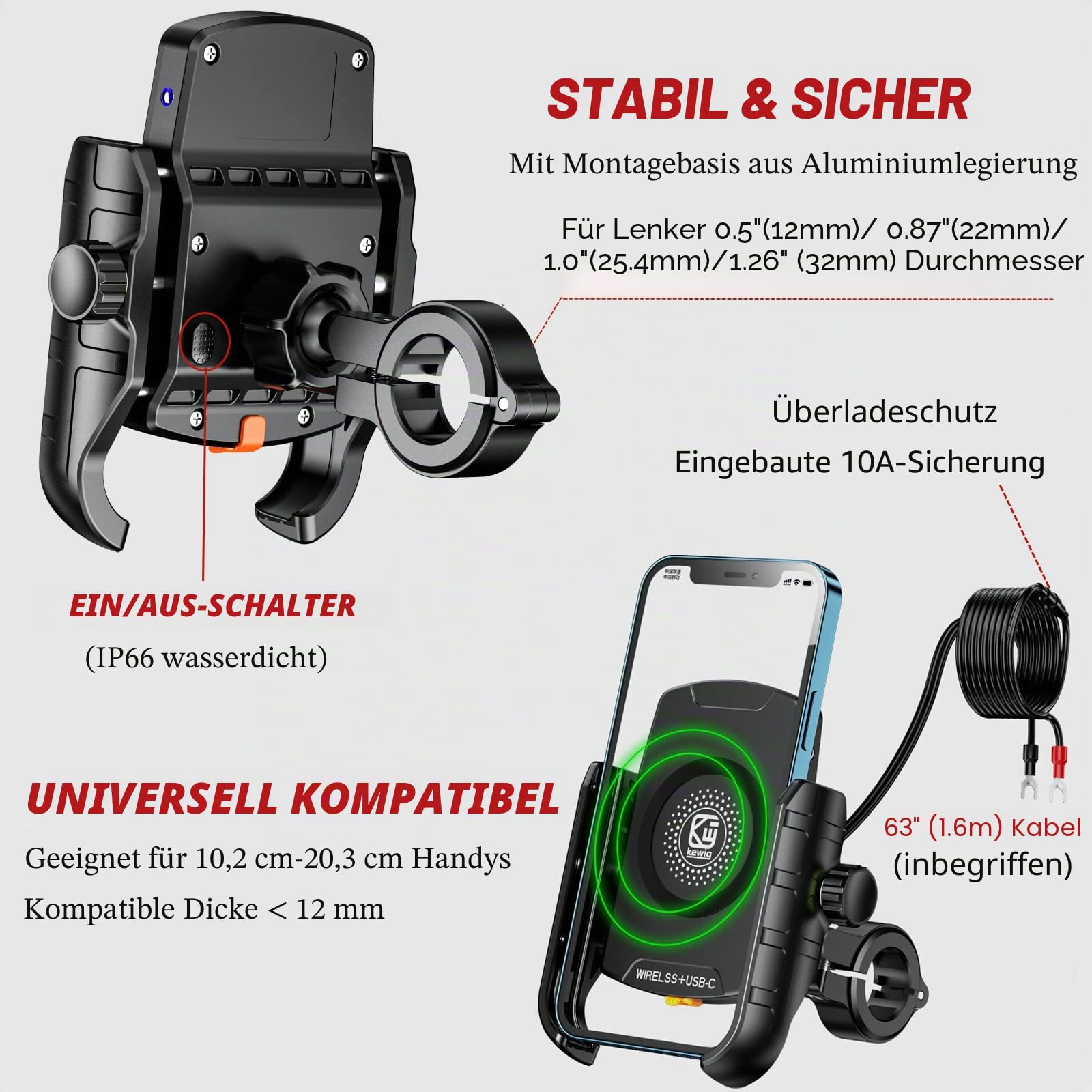 BRCOVAN Motorrad Handyhalterung mit Qi 15W kabellosem Ladegerät und USB-C 20W Ladeanschluss, 360 Drehung Outdoor Lenker Handy Halterung für 4-8 Zoll Smartphones