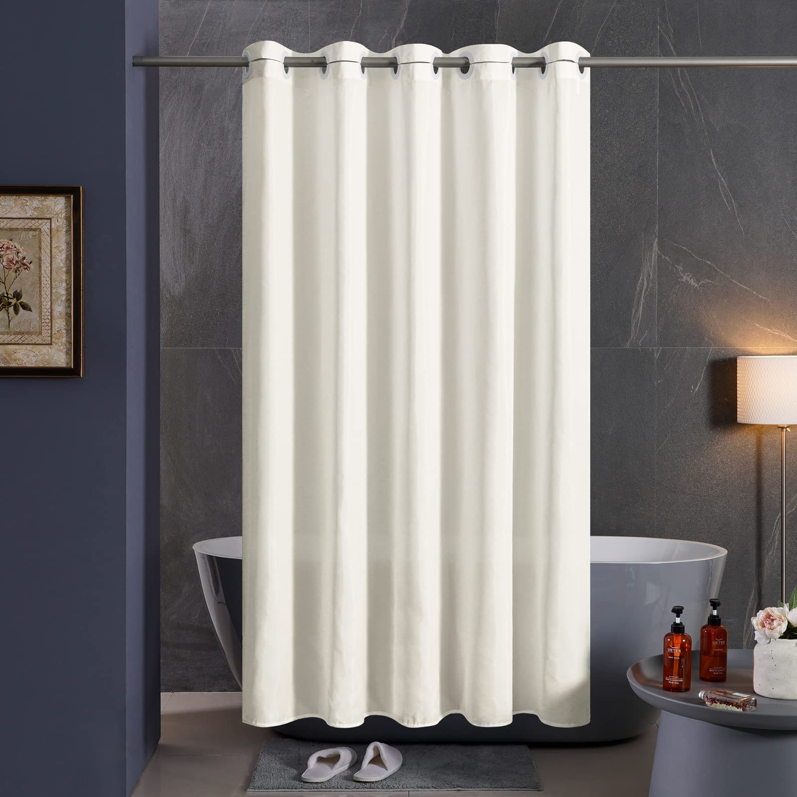 Furlinic Tenda Doccia Antimuffa Tende Doccia Tessuto in Poliestere Impermeabile Lavabile Crema Tenda Vasca da Bagno Grommet Piccolo Extra Largo 270x180cm.