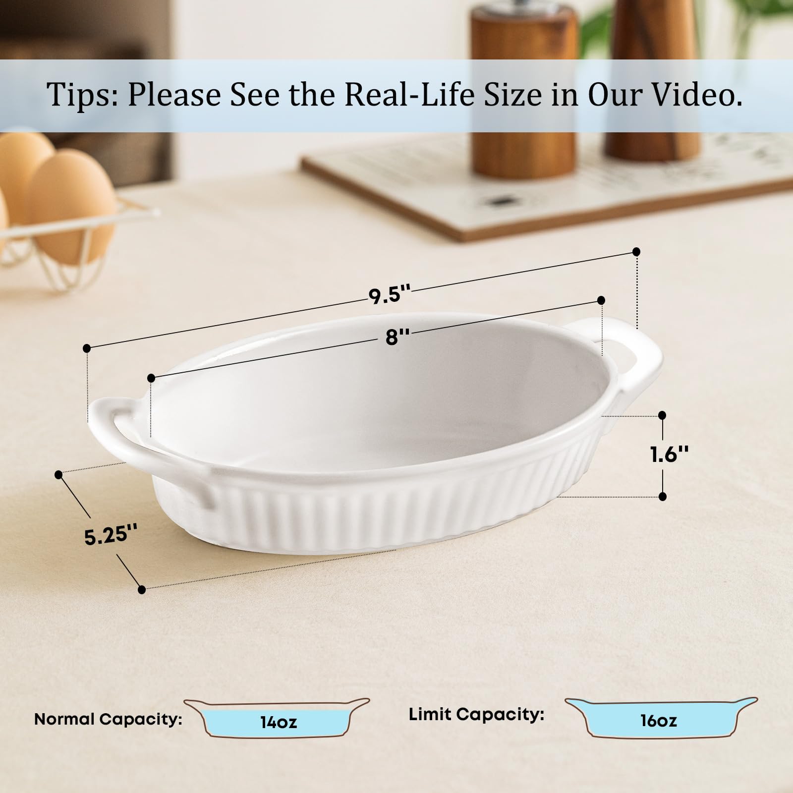 Frewinky Au Gratin Baking Dishes,9-inch Ceramic Baking Dish Set with Handles Heat Resistant,Mini Casserole-Dishes for Oven, Porcelain Oval Baking Dishes for Gratin,Casserole and Roasting,Set of 4,White