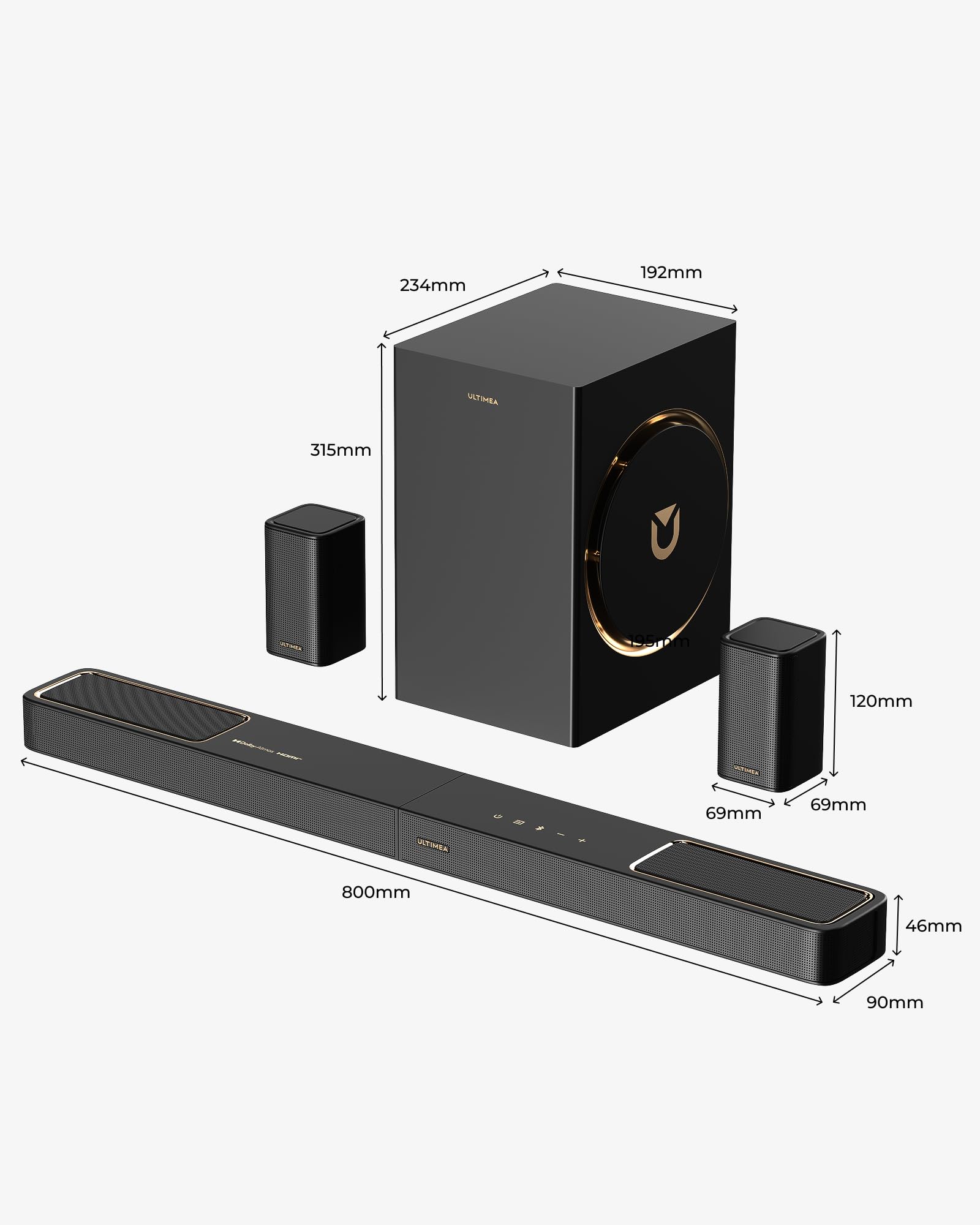 ULTIMEA 5.1.2 Barre de Son avec Dolby Atmos, Système Surround pour TV avec 2 Haut-parleurs, App Contrôle, Barre de Son TV avec Caisson de Basses pour Home Cinema, BT 5.4, HDMI eARC, Skywave F40 Boom