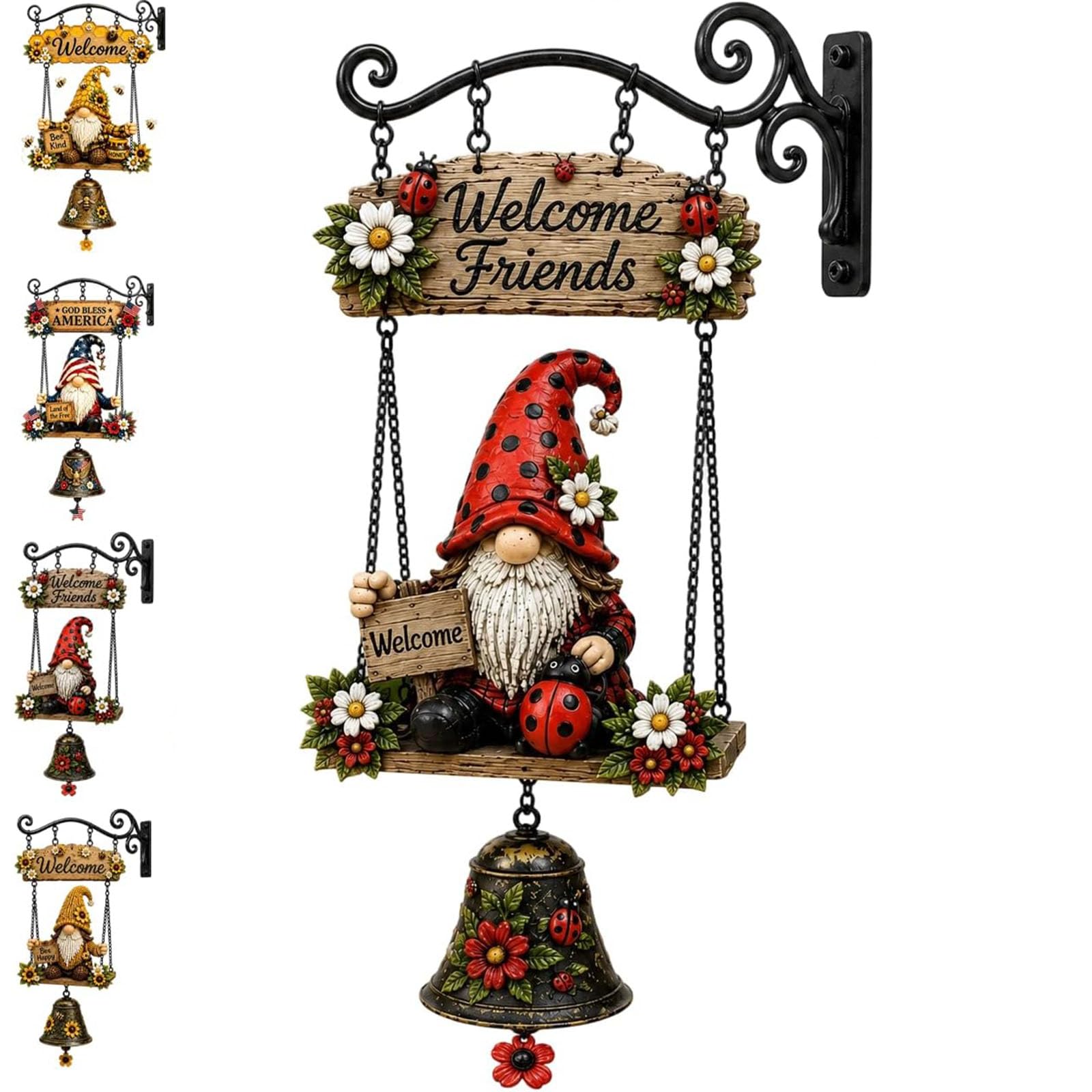 Gnomo Rustico Campana da Appendere, Gnomo Ape Girasole Campana di Benvenuto Decorazione da Appendere alla Parete, Gnomi Fatti a Mano in Fattoria, Campana a Vento, con Caloroso Saluto (#a)