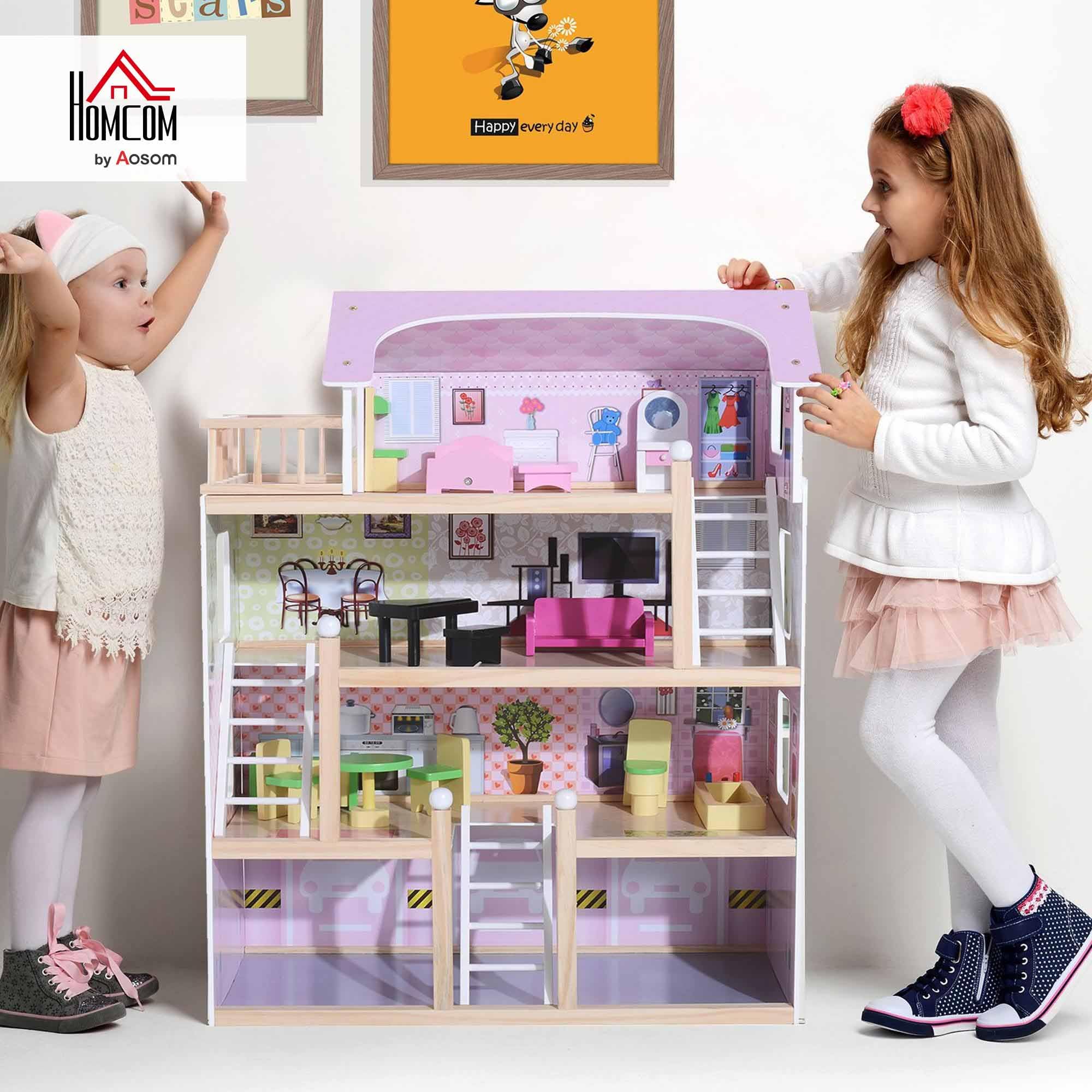 HOMCOM Casa delle Bambole per Bambini 3+ Anni a 4 Piani 60x30x80 cm Rosa | Legno di Pino e MDF, 13 Accessori