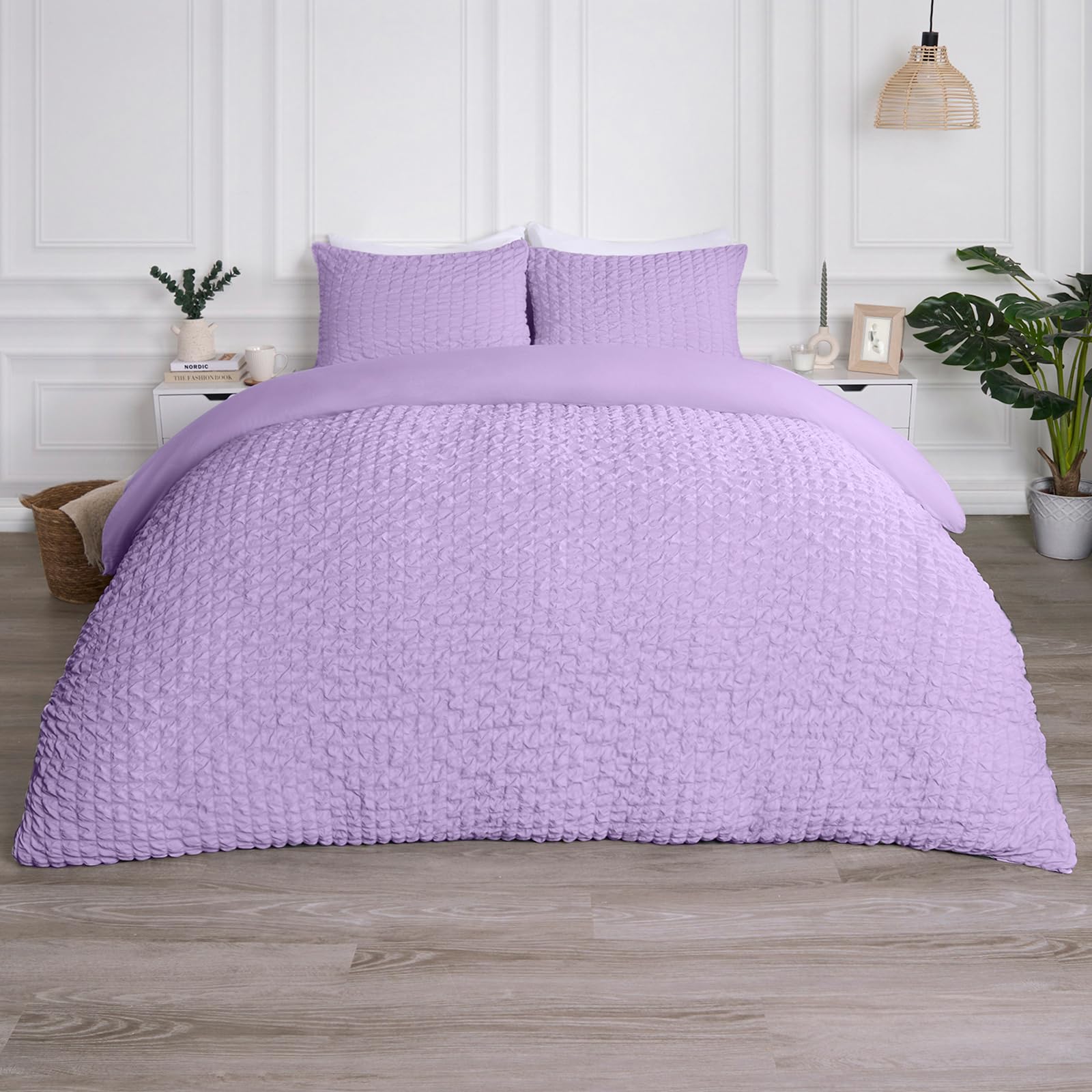 Ohs Women's Lilac Bedding Single Duvet Cover Set, Gifts For Geometric Seersucker Duvet Cover Sets Luxury Embossed Waffle Bedding Single Quilt Cover With Matching Pillowcase, Purple