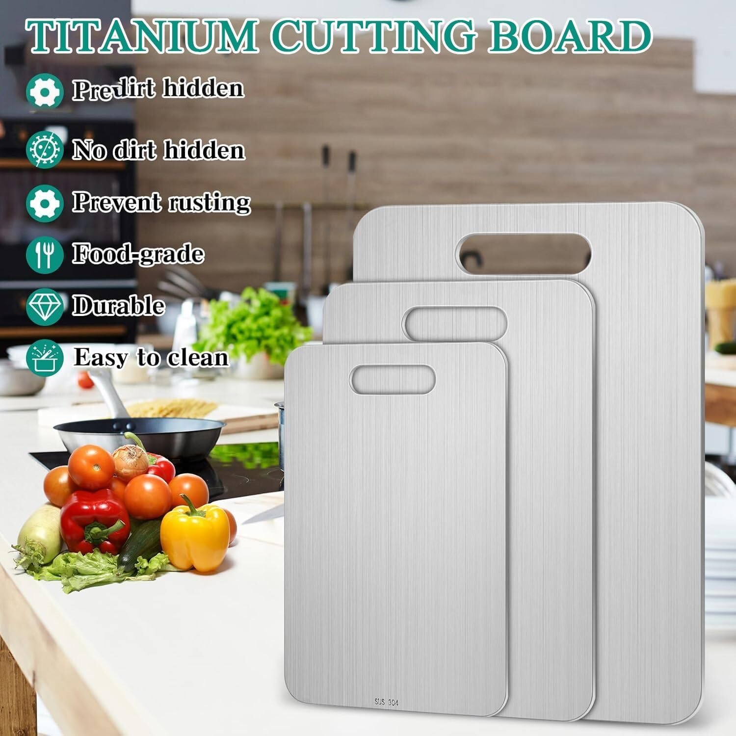 3 Stück Titan Schneidebrett, Titanium Cutting Board, Schneidbretter Edelstahl, Doppelseitiges Lebensmittel Grade Schneidebrett, Schneidbrett Set, Für Fleisch, Brot, Gemüse & Obst