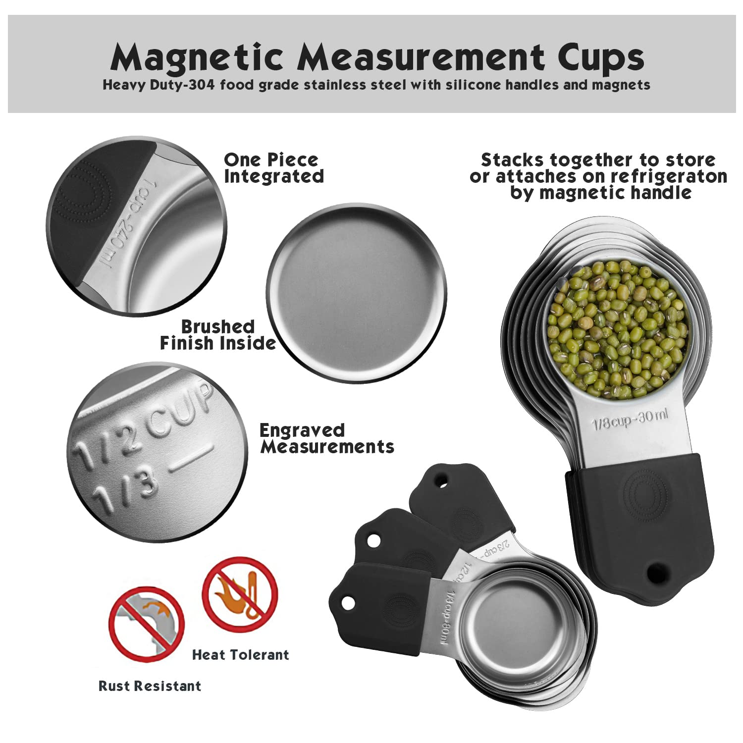 Magnetisches Messbecher-Set, 7-teilig, 18/8 Edelstahl, stapelbar, stapelbar, robust, Metall-Messbecher, Silikongriff, Küchenwerkzeuge für trockene und flüssige Zutaten, spülmaschinenfest (schwarz)
