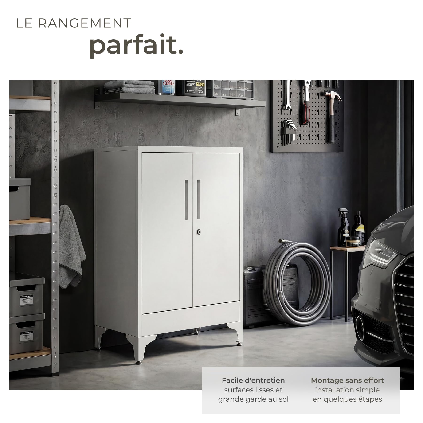 tectake® Armoire à dossiers 60 x 40 x 100 cm, Portes à Fermeture magnétique verrouillables, 2 étagères réglables, Armoire de Bureau en Acier thermolaqué, Meuble de Rangement Dossiers, Classeurs - Gris