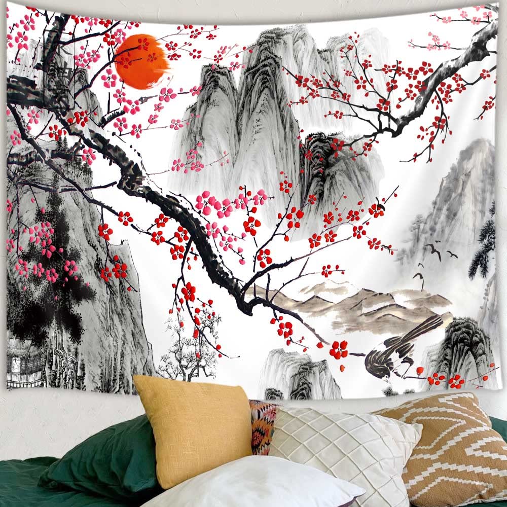 DYNH Japanese Tapestry Japan Tokyo Cherry Blossoms River Tapestry, Japan Blossom Cherry Sakura Tunnel Wall Tapestry for Bedroom Living Room, 60X40 inch