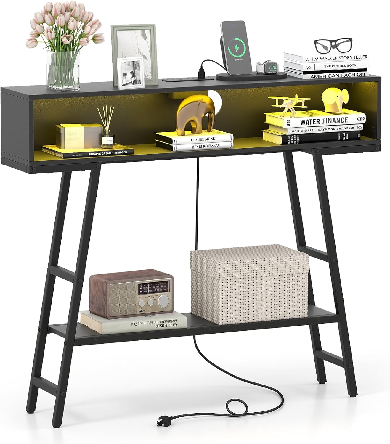 Giantex Console Table with Charging Station & LED Lights, 40" Entryway Table with Storage Shelves, 3-Tier Display Shelf for Small Space, Sofa Table for Living Room (Black)