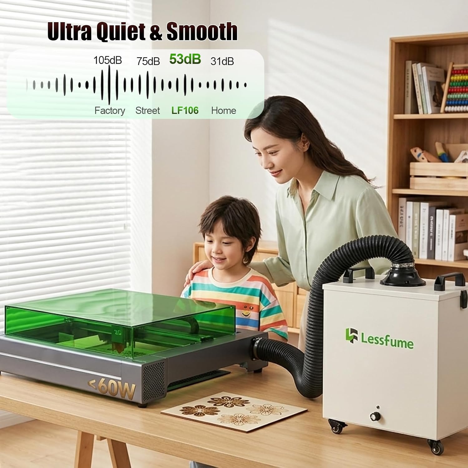 LF106-230W Laser Fume Extractor for F1/F2 Ultra/S1/M1/P2/LP Series Under 60W, 212CFM (360m³/h) Strong Suction, Low-Noise for Solder Fume Extractor with Exhaust for Laser Engraver, 3D Printing