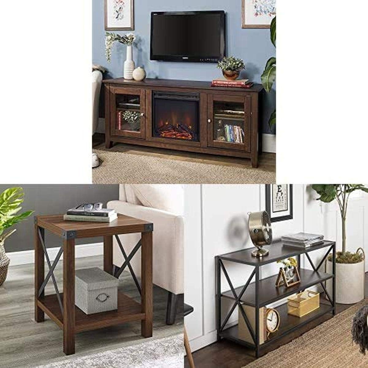 Walker Edison Rustic Wood and Glass Fireplace TV Stand for
