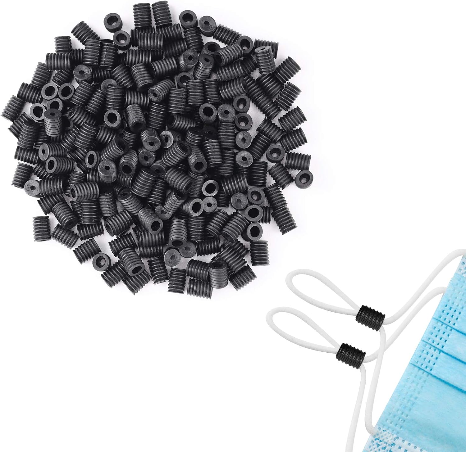 IAMUQ Cord Locks Silicone PVC Toggles for Drawstrings, Adjustable Lanyard Buckle Barrel Connectors, Elastic Cord Adjuster Non Slip Stopper Black (300)