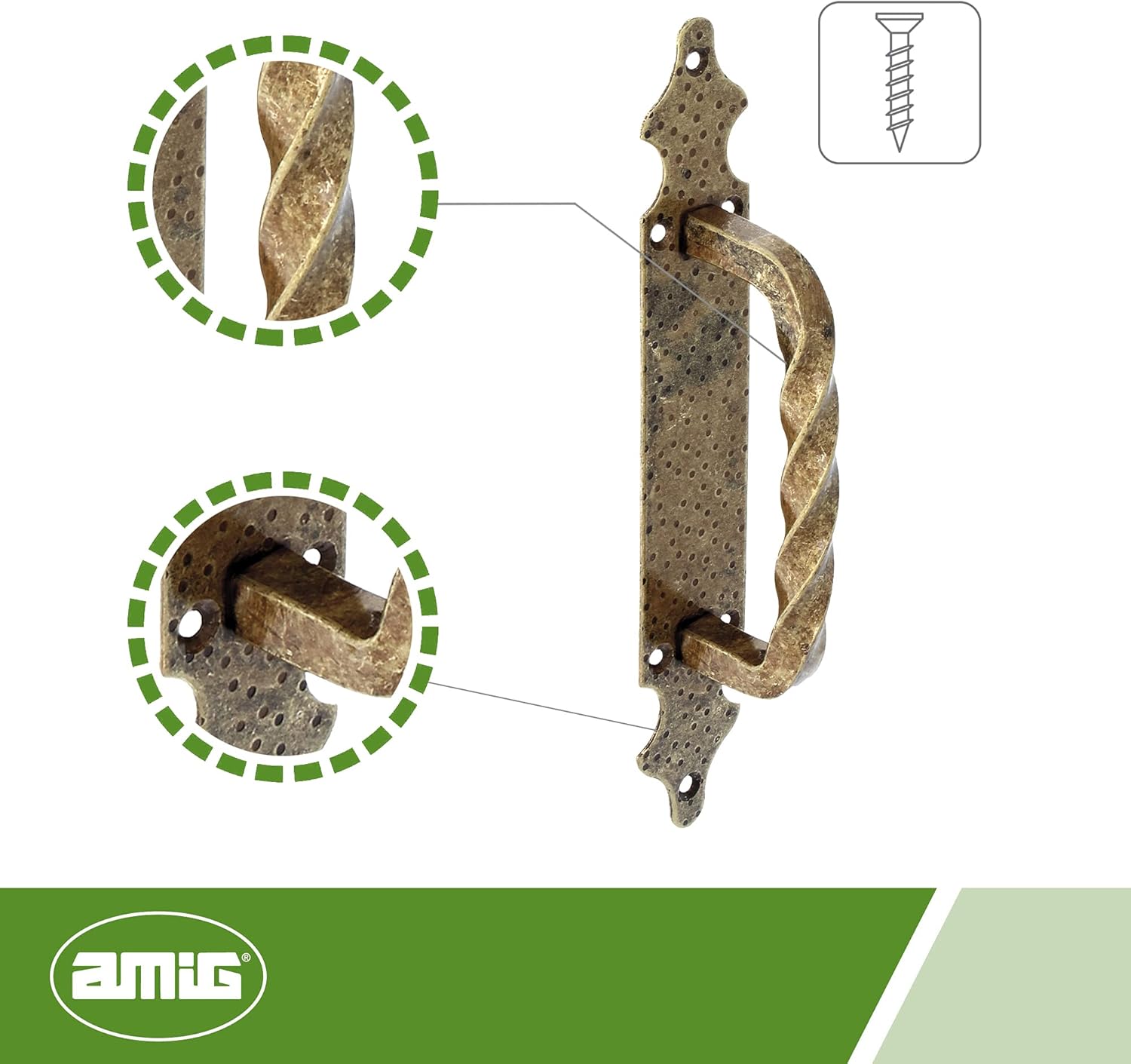 Amig - Zamak handle with steel dotted plate 28 x 4.5 cm - Handle for Passage Doors, Sliding Fence and Gates - Antique Gold- Easy installation with screws