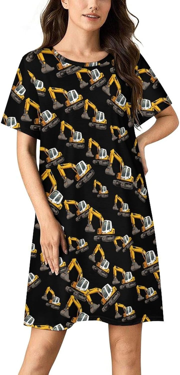 Excavator Engineering Vehicle Truck Nightgowns for Women Short Sleeve Sleep Dress Casual Sleepshirt Night Gowns Pajamas