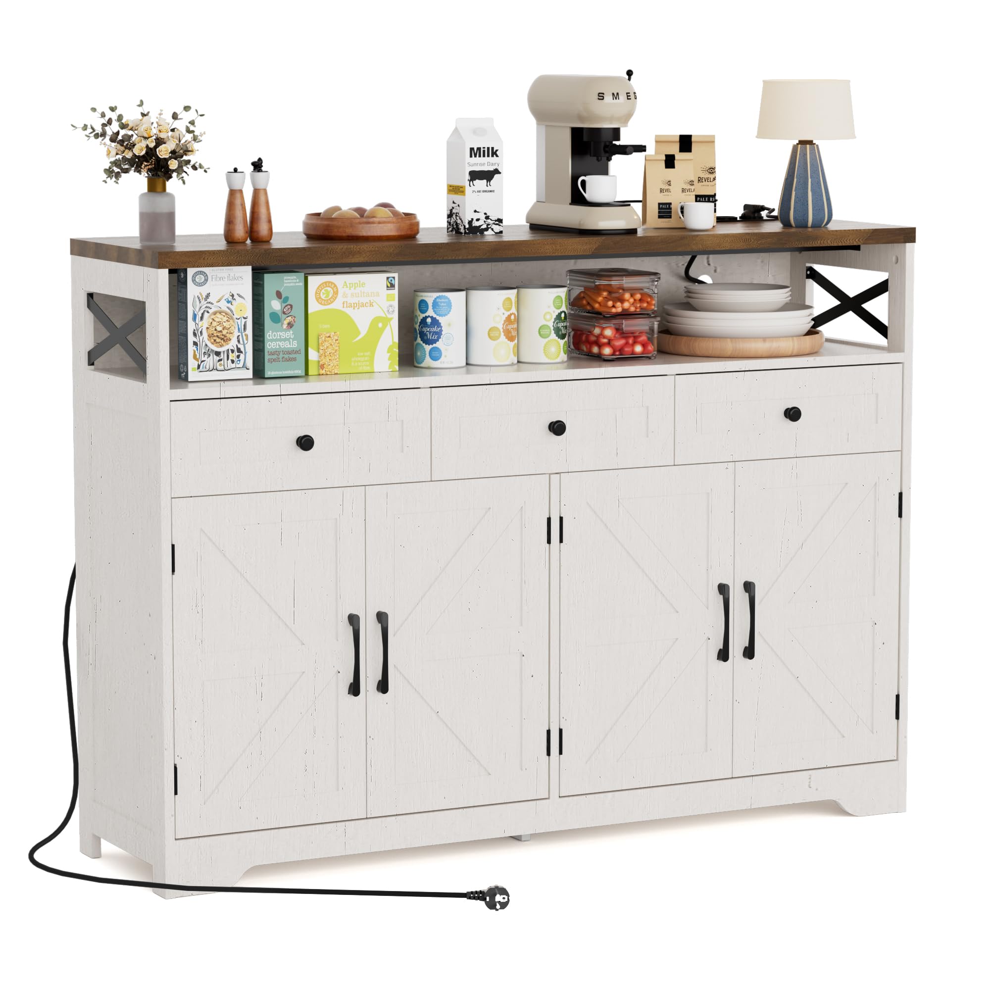 BonVache Credenza, credenza con cassetti, credenza con scaffali aperti, per cucina, sala da pranzo, soggiorno, 130 x 35 x 95 cm, bianco