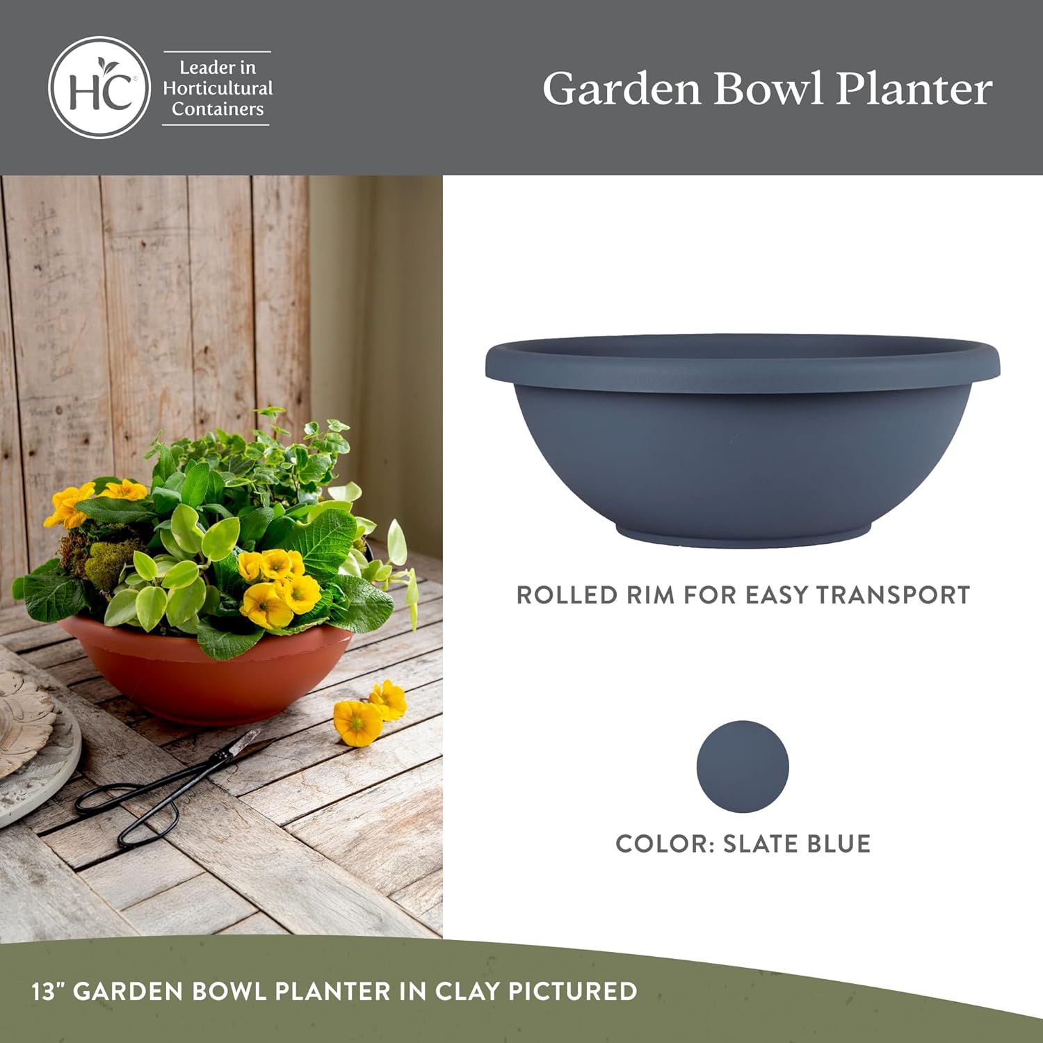 The HC Companies 13 Inch Shallow Garden Bowl Plant Pot with Drainage, Lightweight UV-Resistant Plastic Planters for Succulents, Herbs & More, 2-Pack Planters for Indoor Outdoor Home Decor, Slate Blue