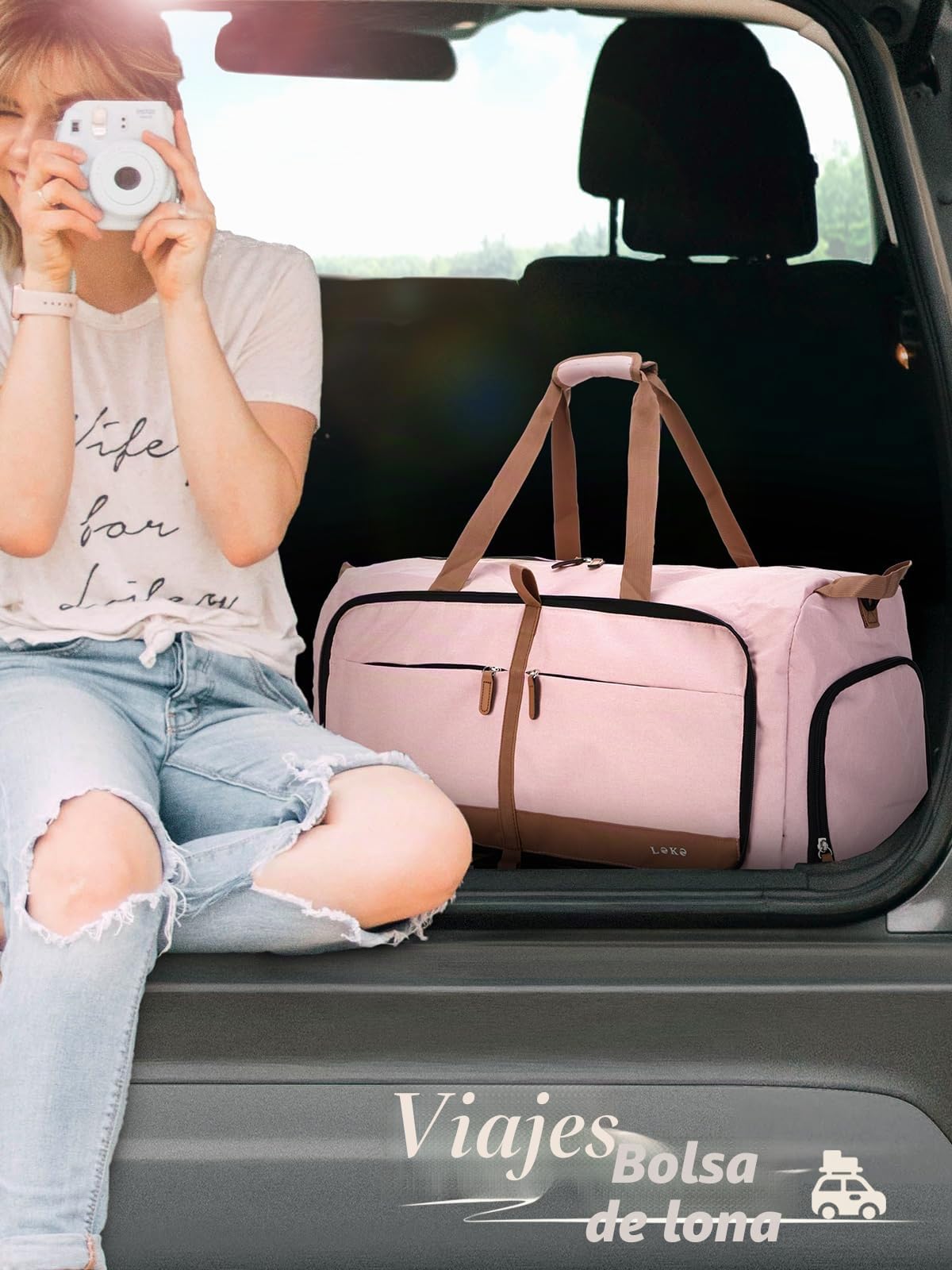 Lekesky Bolsa de Viaje Mujer 80L Bolso de Viaje Plegable Bolsa de Deporte Weekender con Compartimento para Zapatos, Bolsa de Equipaje de Mano Impermeable/Bolsa de Deporte/Bolsa de Hospital (Rosa)
