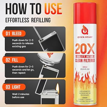 Butane Fuel Refill for Lighters 2 Pack Universal Gas Canisters Compatible with Kitchen Torches, Lighters, Camping Stoves Clean, Odorless Butane with Universal Refill Tip (2)