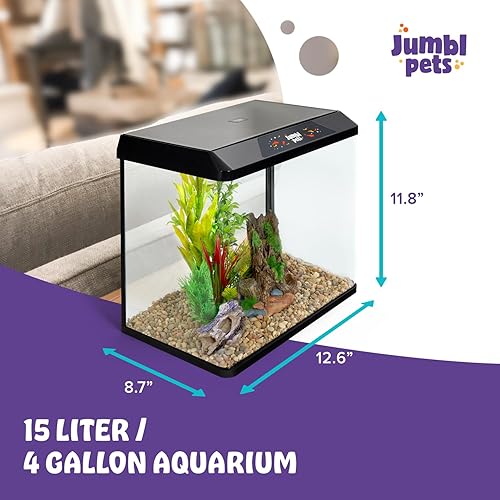 Miniatura 4 de JumblPets - Kit de acuario de peces de iniciación, 4 galones, juego completo de tanques de peces de vidrio para principiantes con iluminación LED,