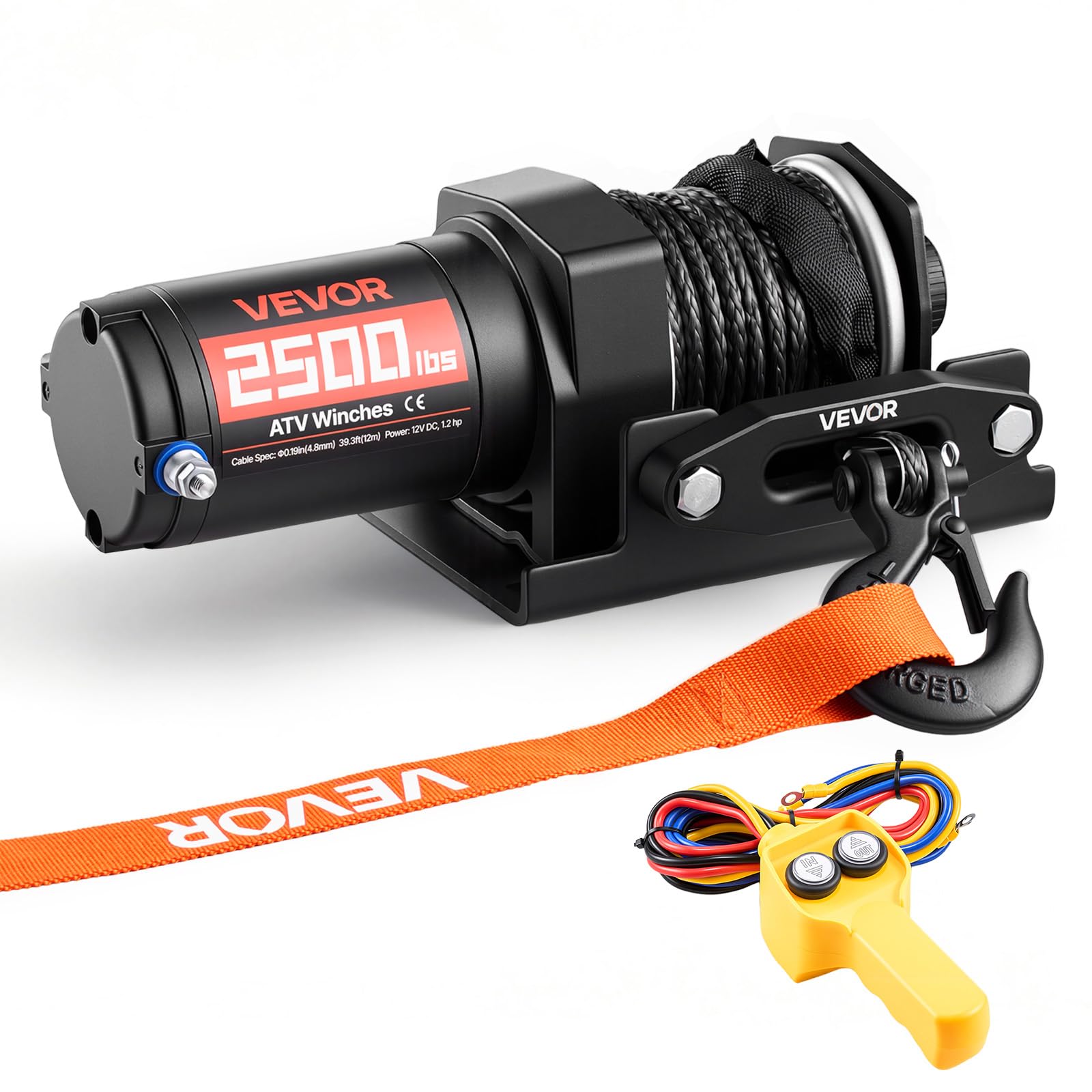 VEVOR Verricello Elettrico con Cavo da 1134 kg, Verricello Elettrico da 12 V CC per ATV/UTV Fuoristrada con Fune Sintetica Ø 4,8 mm x 12 m, Telecomando Cablato, Impermeabile IP55 per Recupero Stradale