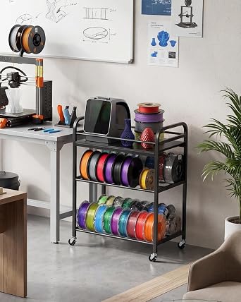 3D Printer Filament Storage Rack – 3 Tier Rolling Filament Cart with Wheels, Metal Spool Organiser Stand for PLA PETG ABS TPU, 3D Printing Accessories Storage Trolley