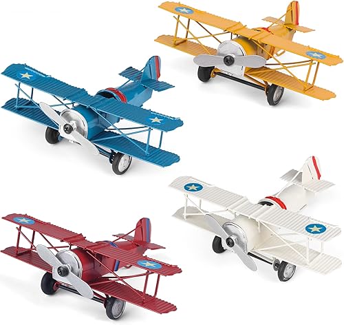 Phirown Paquete de 4 decoraciones vintage de avión, adornos de avión de metal, modelo retro de avión de hierro para decoración de escritorio de