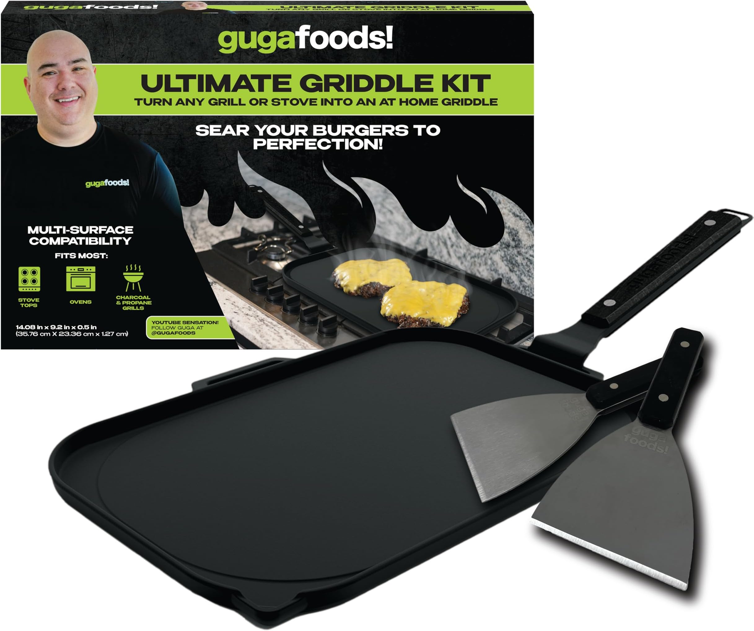 Ultimate Griddle Kit Set- Transform Any Grill or Stove, Includes Cast Iron Griddle with Detachable Handle, Stainless Steel Angled & Straight Edge Spatulas, For Cooking Indoor Or Outdoor