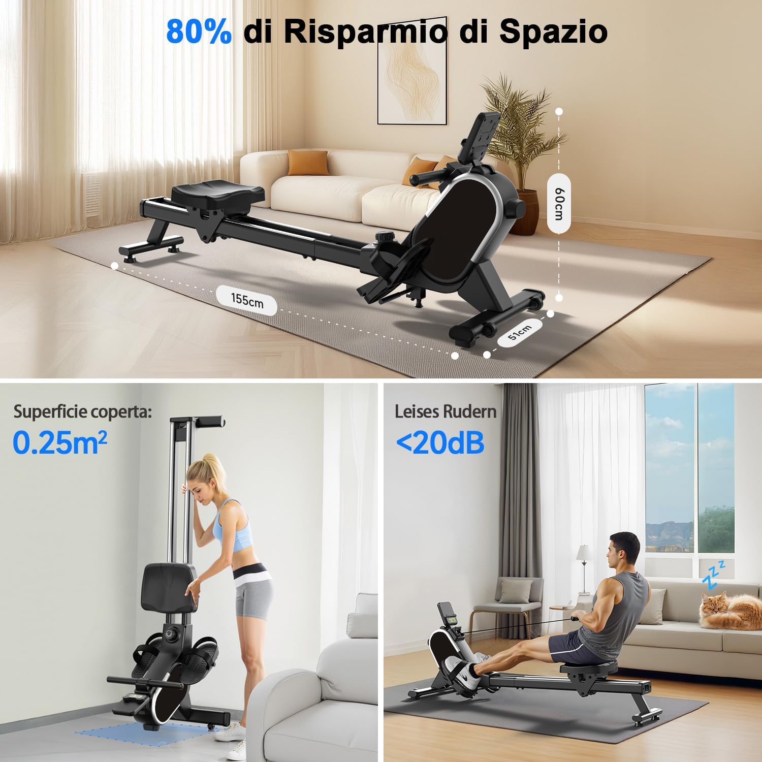 CHAOKE Magnetic Rower showing its compact, foldable design, occupying 0.25m² and producing less than 20dB noise.