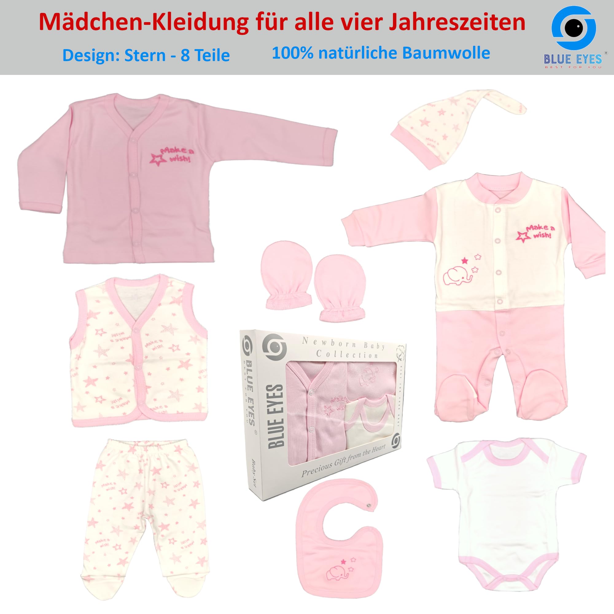 Blue Eyes Zestaw dla noworodka, 100% naturalna bawełna, pierwsze wyposażenie, unisex, odzież, ręcznik kąpielowy, zestaw upominkowy, 17-częściowy zestaw dla niemowląt w wieku 0-4 miesięcy, z etykietą