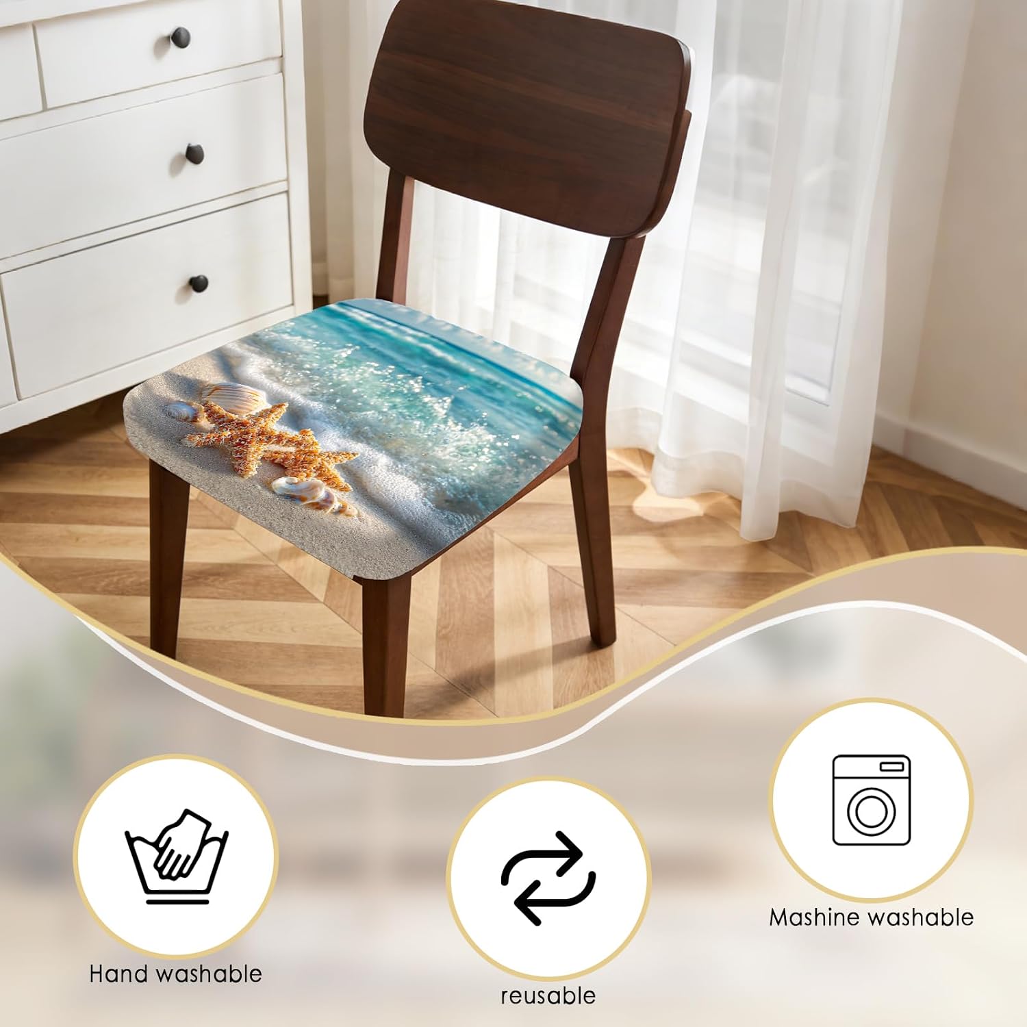 Nuxovilar 4 Pack Chair Covers Beach Starfish Seashell Design Milk Silk Seat Covers for Chairs Decor for Living Room Home Vacation