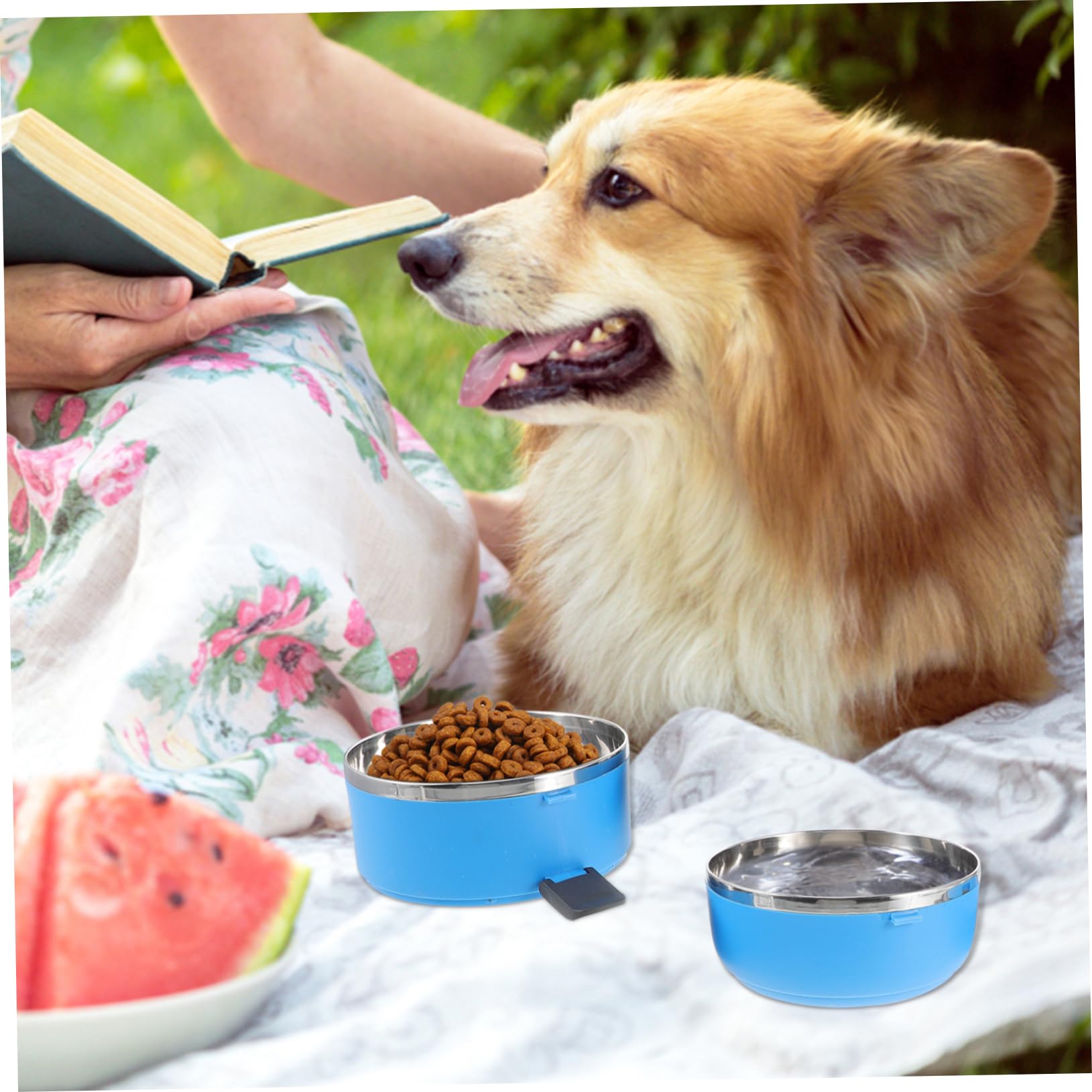 MERRYHAPY Portable Spill Pet Bowl Double Stainless Steel Dog Feeder Water Dish with Handle for Outdoor Travel Feeding Blue